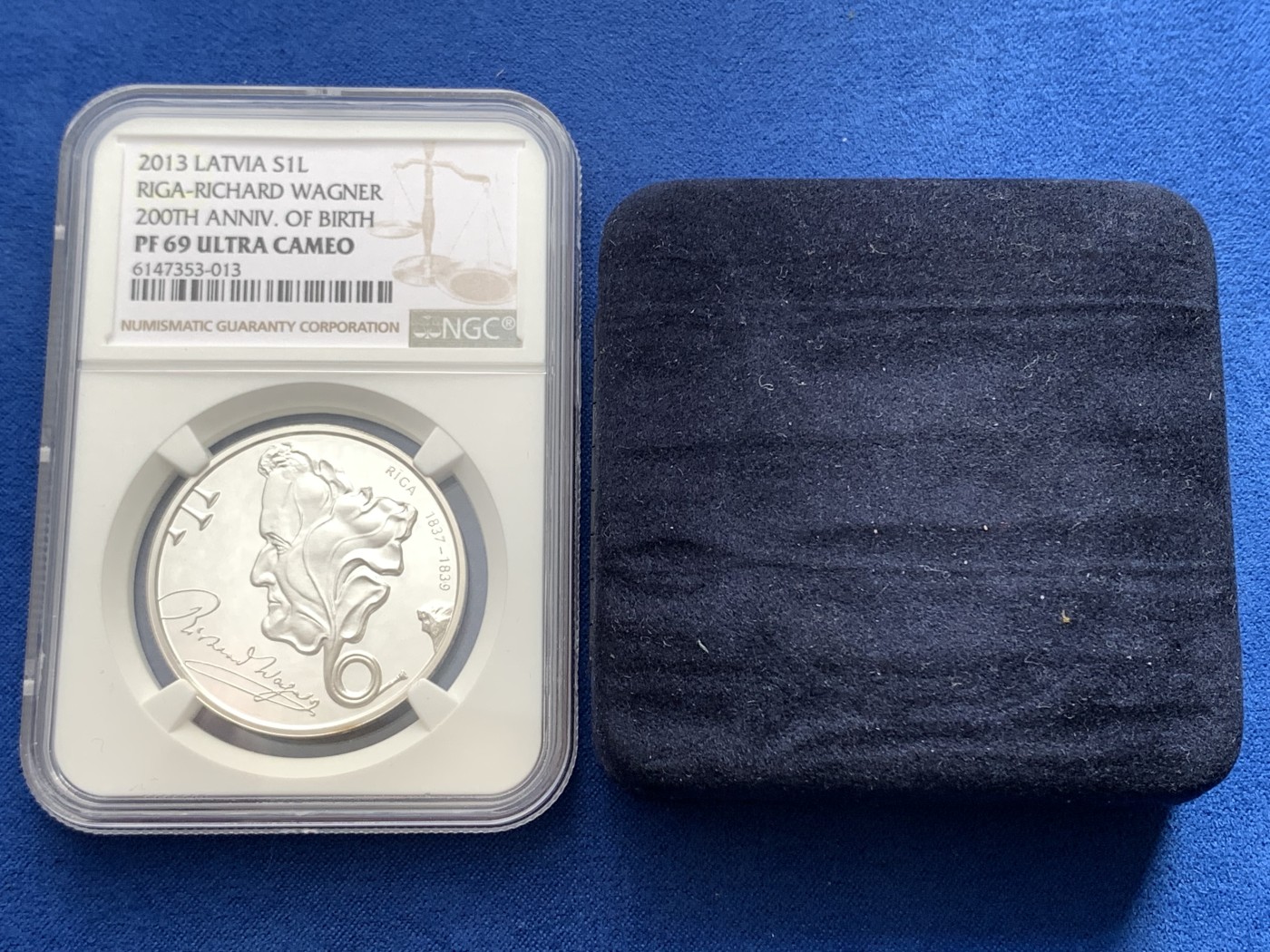 《竞宝斋》第251场-周日，周一2场连拍 (全场包邮) NGC PF69UC 拉脱维亚2013年发行作曲家理查德.瓦格纳诞辰200周年纪念精制银币-1拉兹（克劳斯获奖2015年最佳银币，限量5000枚） 22g 35mm 925银 盒证全