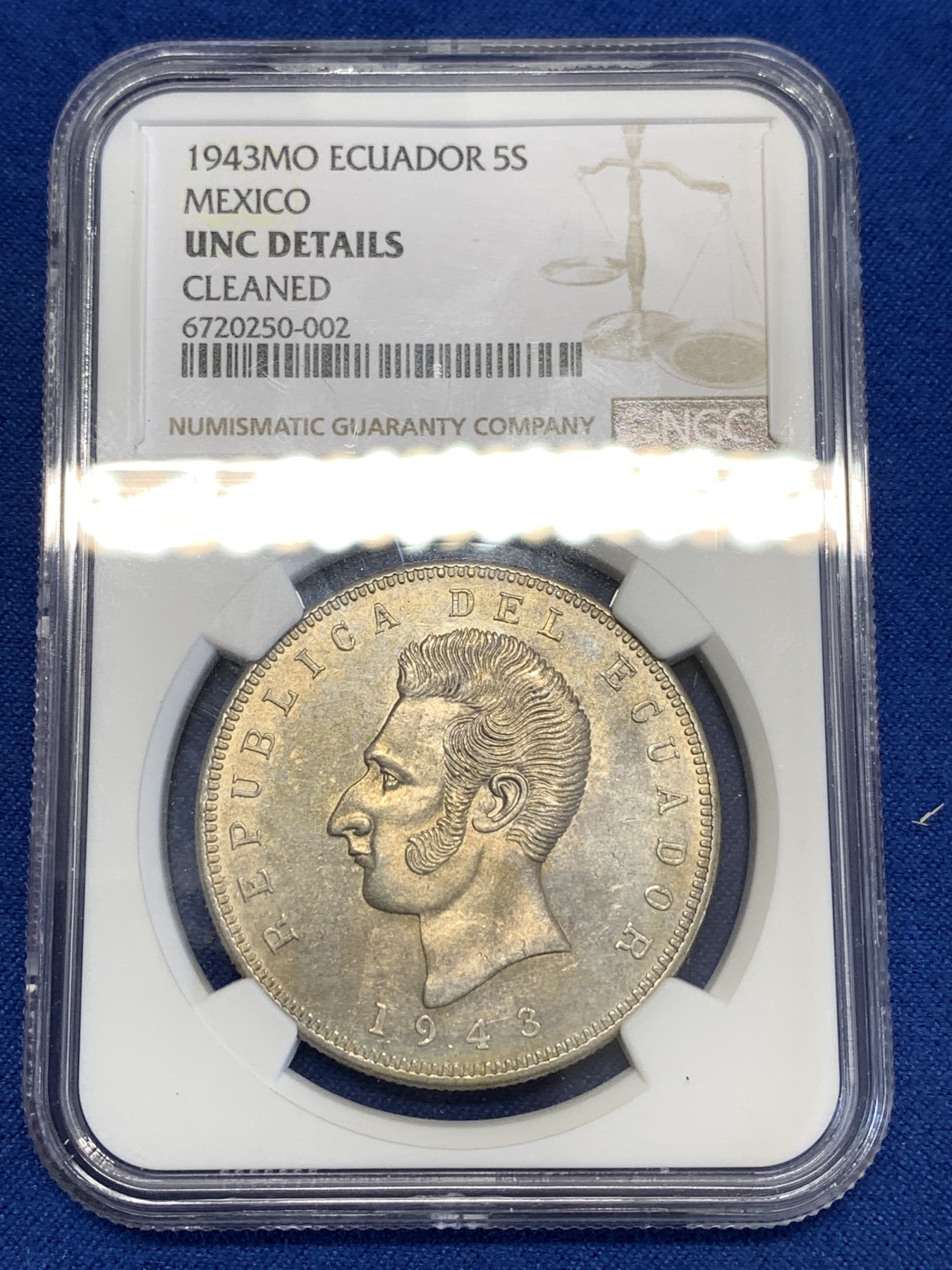 《竞宝斋》第251场-周日，周一2场连拍 (全场包邮) NGC UNCD 1943年厄瓜多尔5苏克雷银币，较少见的首年版，墨西哥铸造。原汁原味五彩老包浆，包浆醇厚。