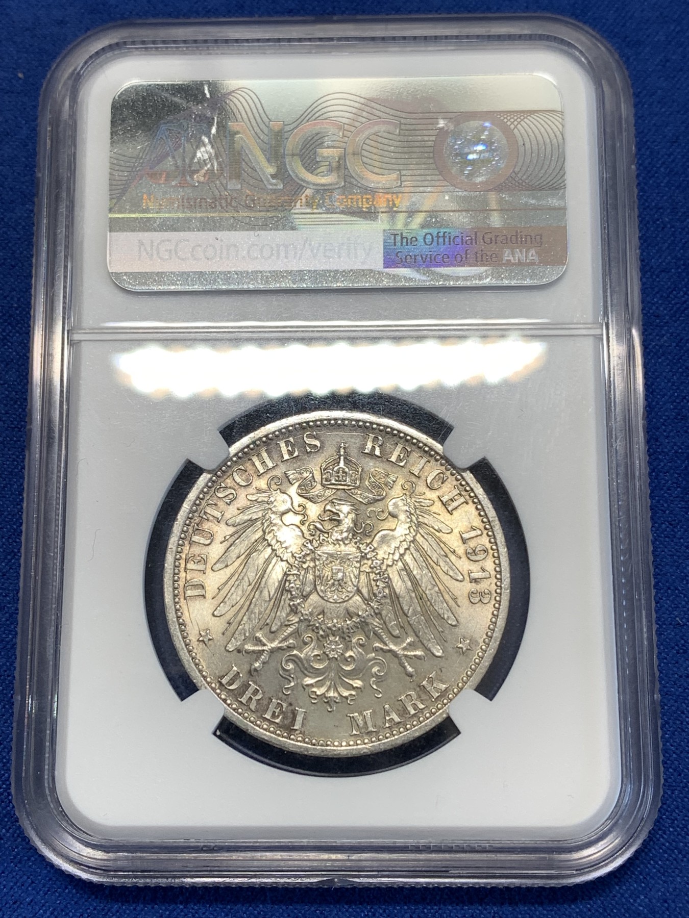 《竞宝斋》第251场-周日，周一2场连拍 (全场包邮) NGC MS62 德国普鲁士1913年威廉二世花枝3马克银币