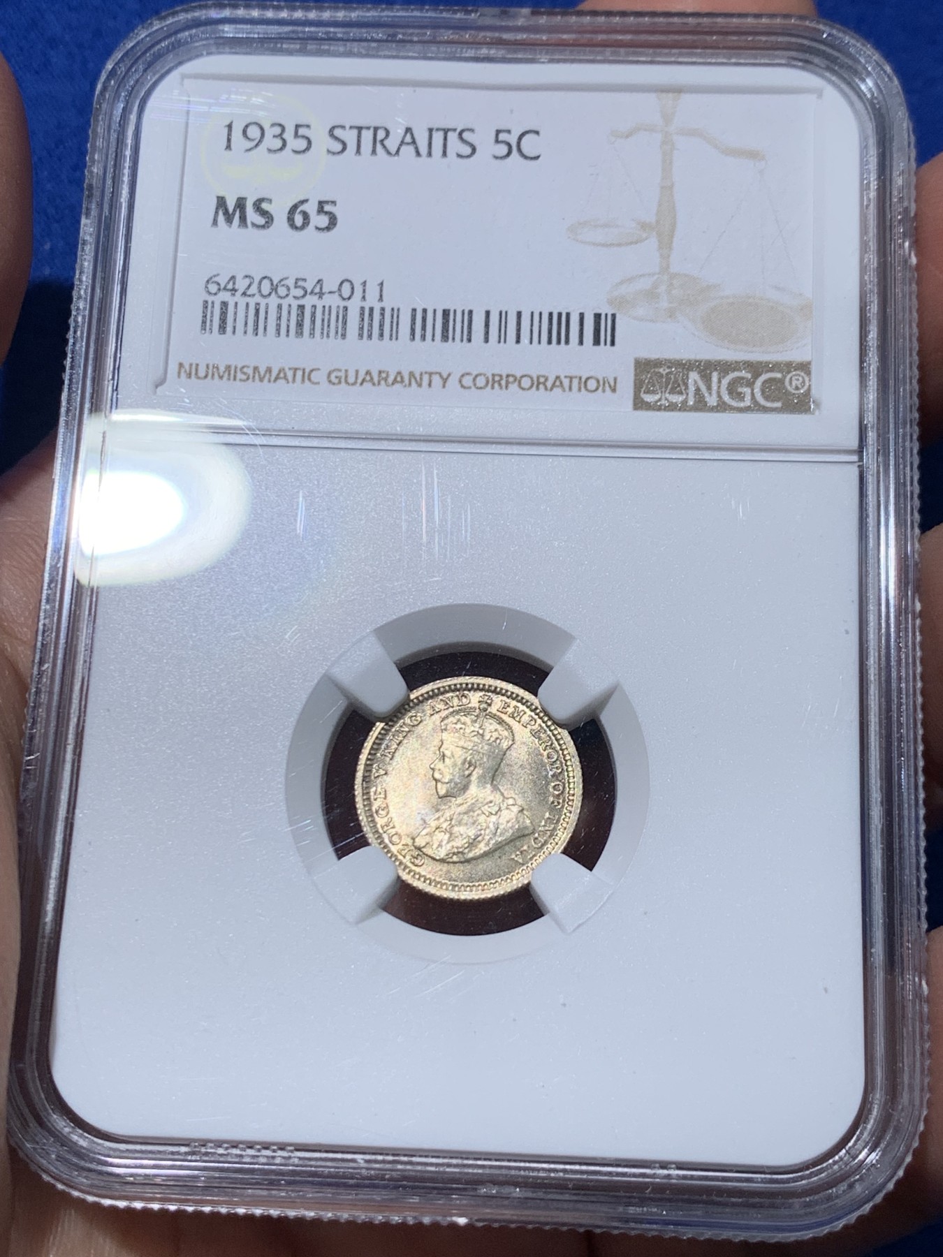 《竞宝斋》第251场-周日，周一2场连拍 (全场包邮) NGC MS65 英属海峡殖民地 1935年 5分银币 乔治五世 高分极品 转光强烈