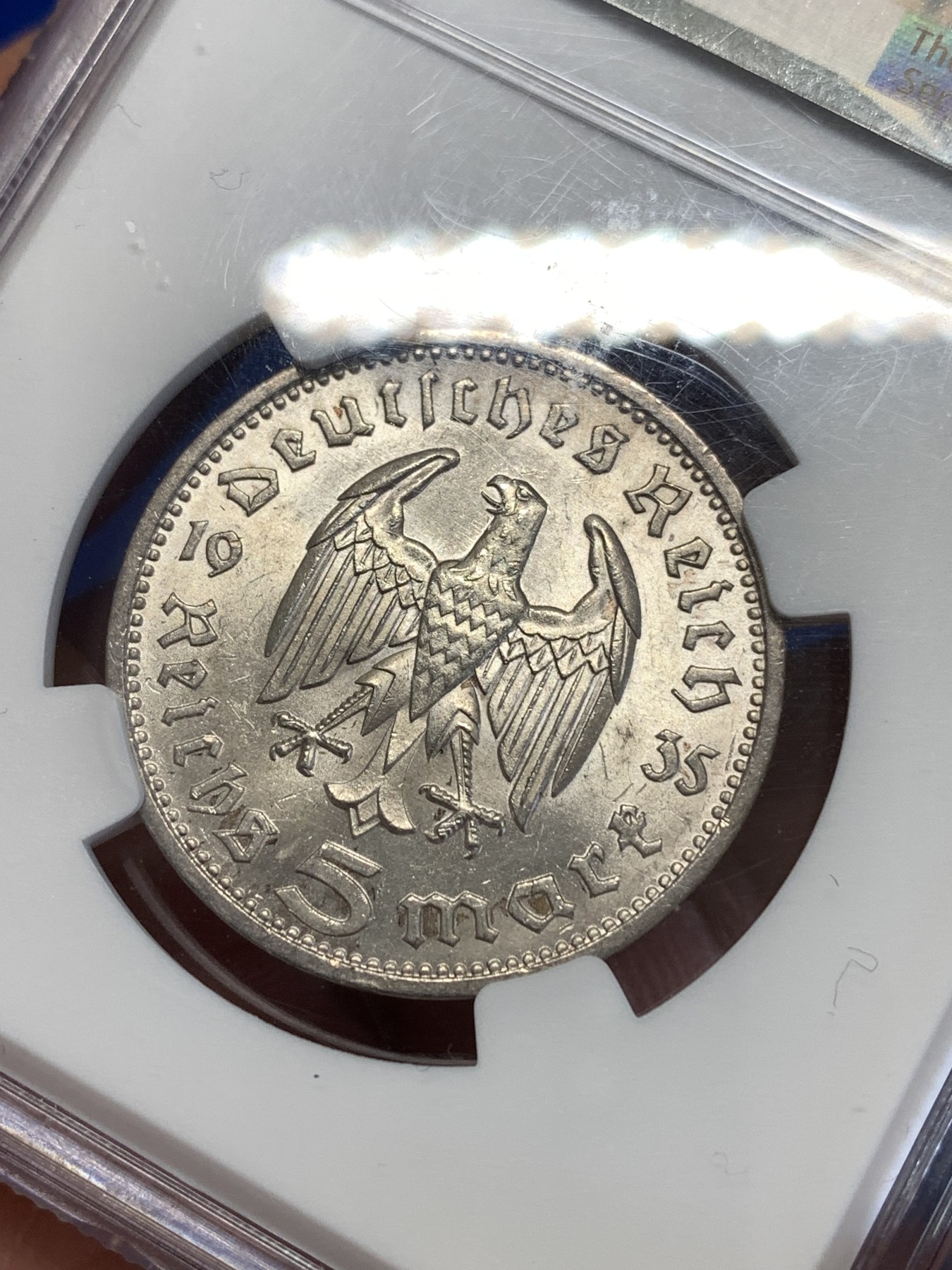 《竞宝斋》第251场-周日，周一2场连拍 (全场包邮) NGC MS63 德国1935年兴登堡5马克银币 鹰版