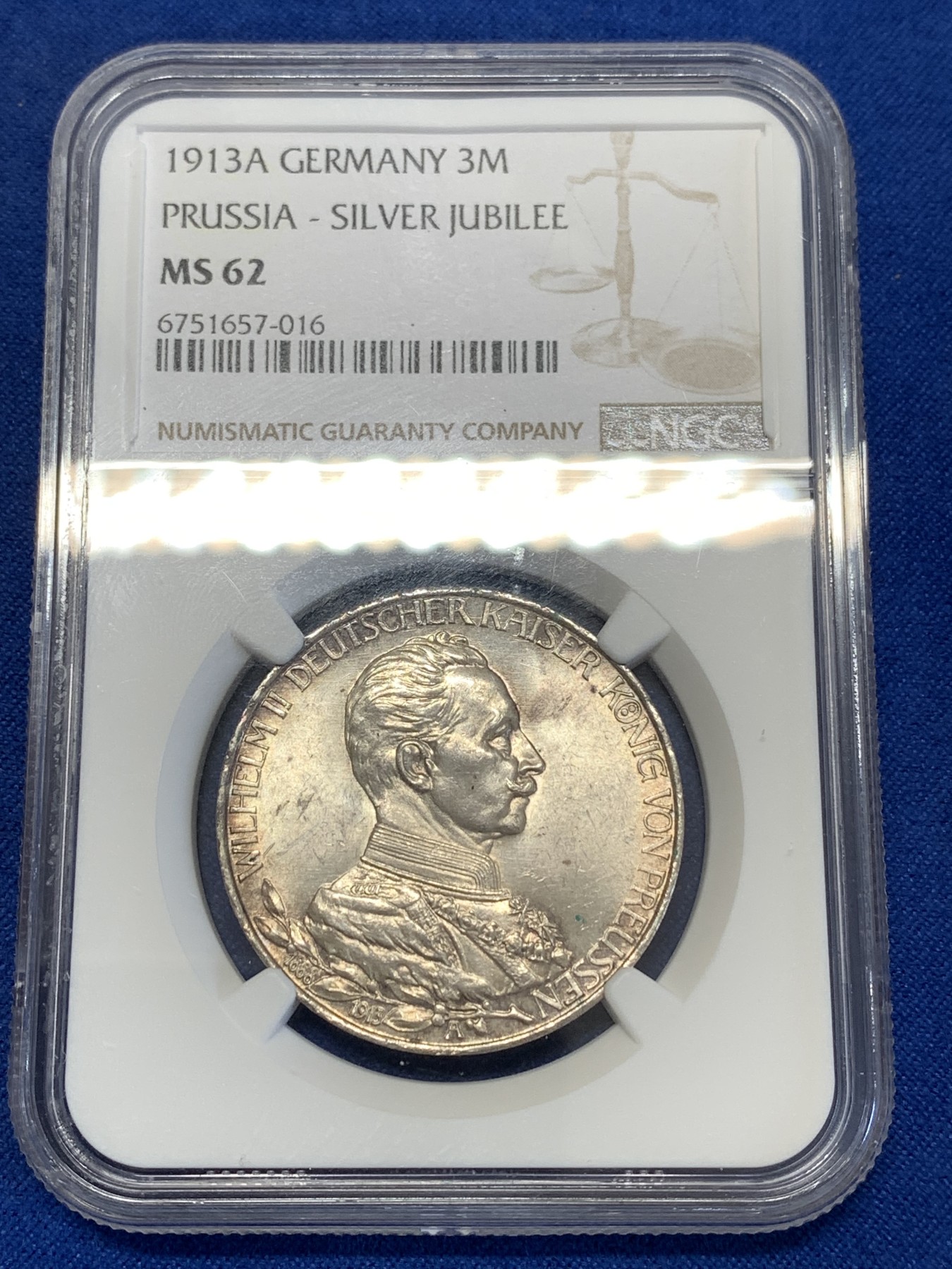 《竞宝斋》第251场-周日，周一2场连拍 (全场包邮) NGC MS62 德国普鲁士1913年威廉二世花枝3马克银币