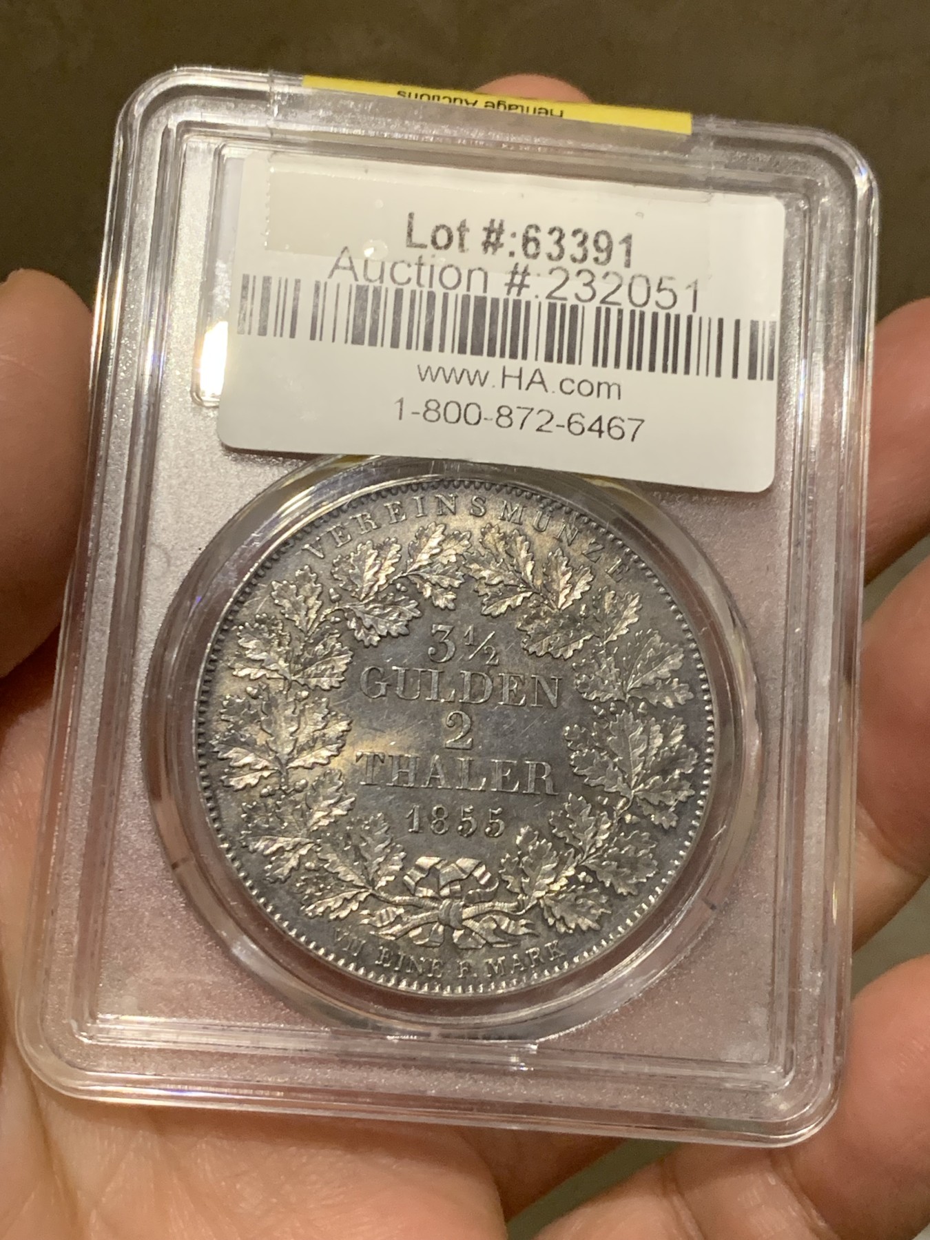 《竞宝斋》第251场-周日，周一2场连拍 (全场包邮) PCGS UNC 德国符腾堡1855金婚2泰勒银币 状态非常好 没感觉有清晰