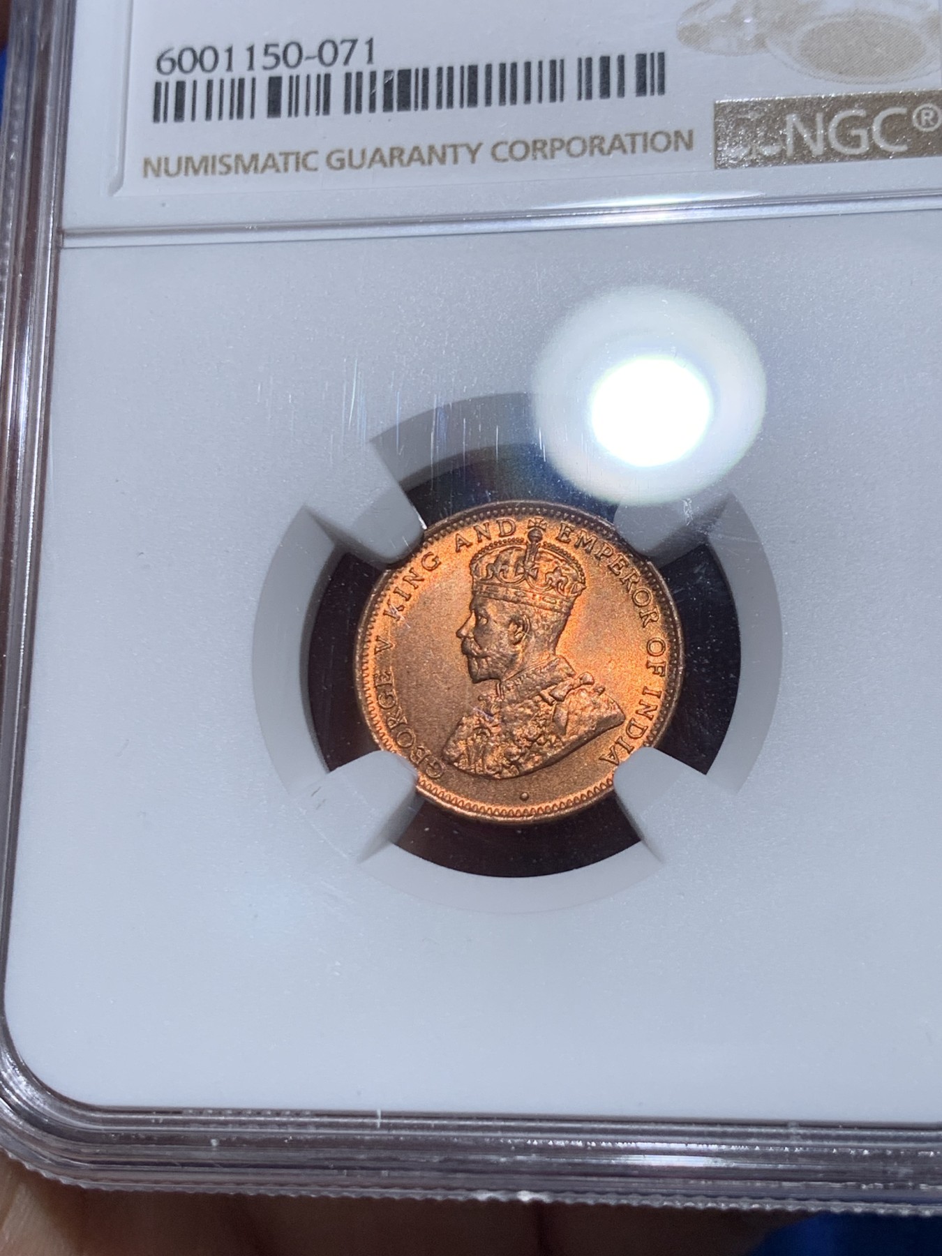 《竞宝斋》第251场-周日，周一2场连拍 (全场包邮) NGC MS65RD 英属锡兰 1926年 1/2分铜币 乔治五世 原红铜光 极品品相