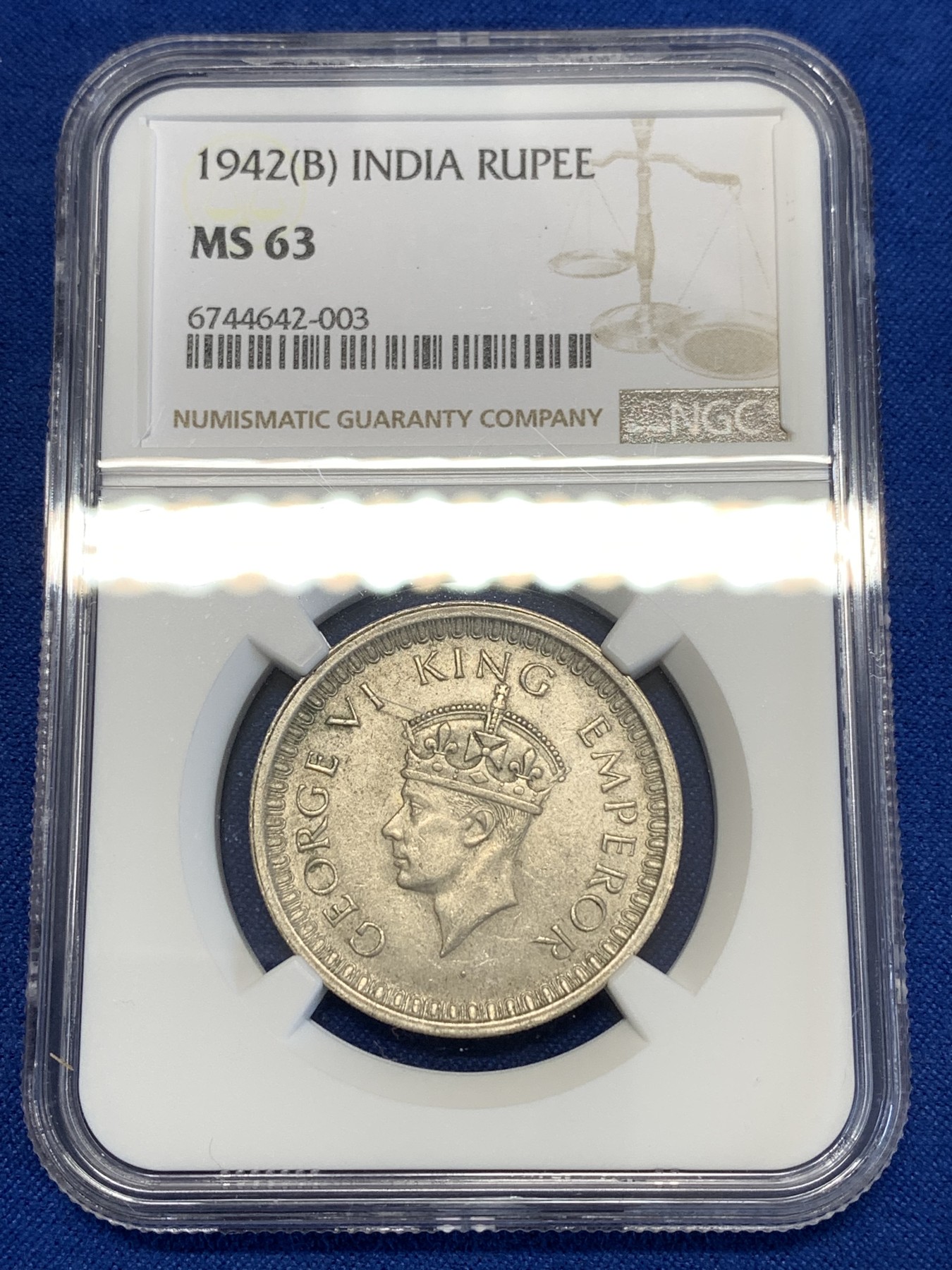 《竞宝斋》第251场-周日，周一2场连拍 (全场包邮) NGC MS63 英属印度1942年卢比银币B版 原光好品 上手舒适