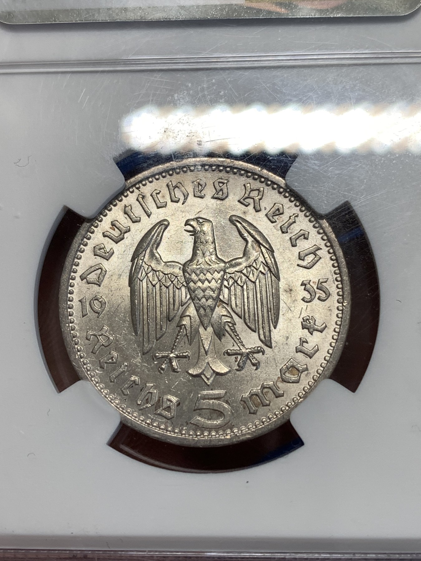 《竞宝斋》第251场-周日，周一2场连拍 (全场包邮) NGC MS63 德国1935年兴登堡5马克银币 鹰版