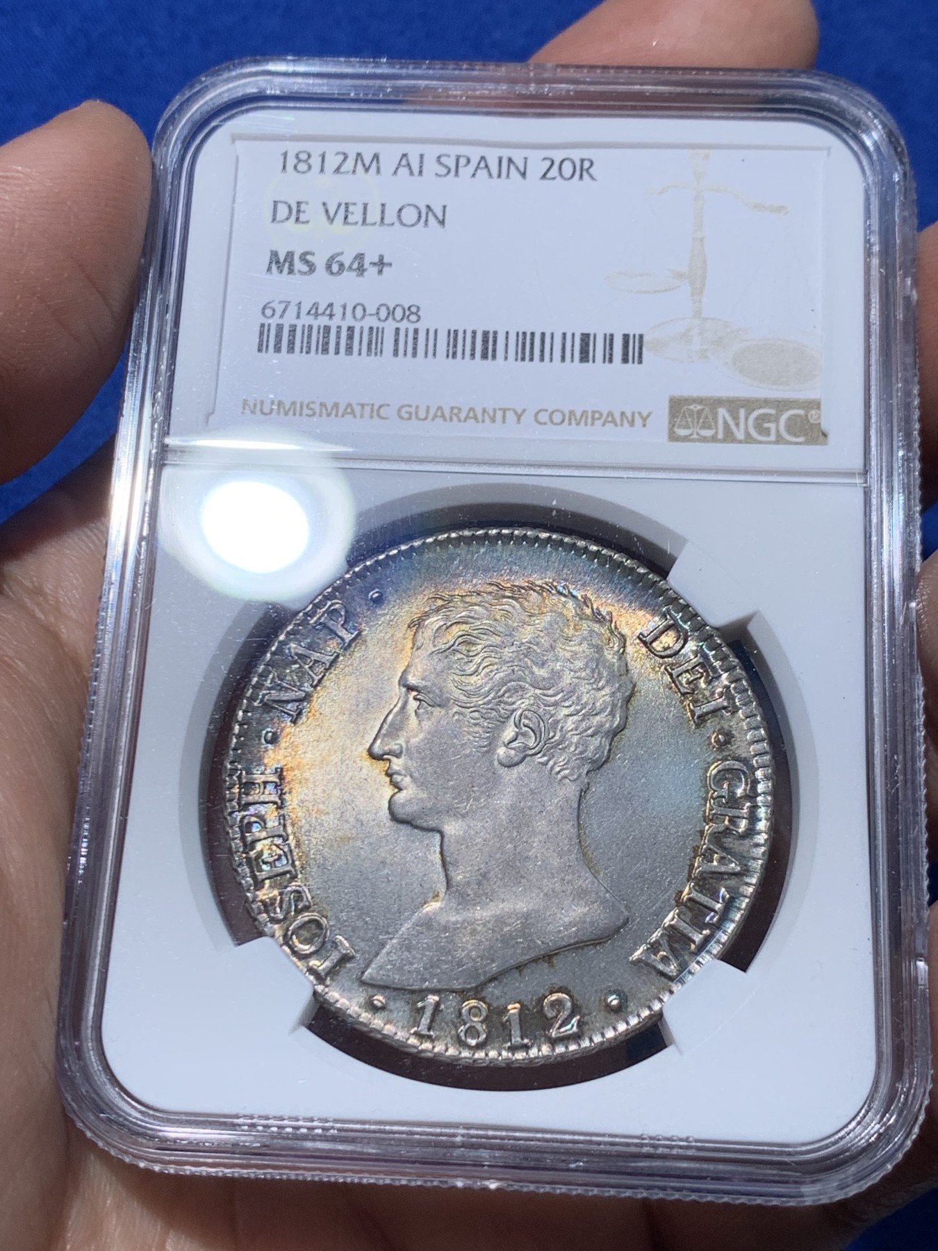 《竞宝斋》第251场-周日，周一2场连拍 (全场包邮) 唯一亚军分 NGC MS64+ 1812年 法占西班牙 约瑟夫拿破仑20R银币，细节极佳 发丝清晰 五彩包浆 底板如绸