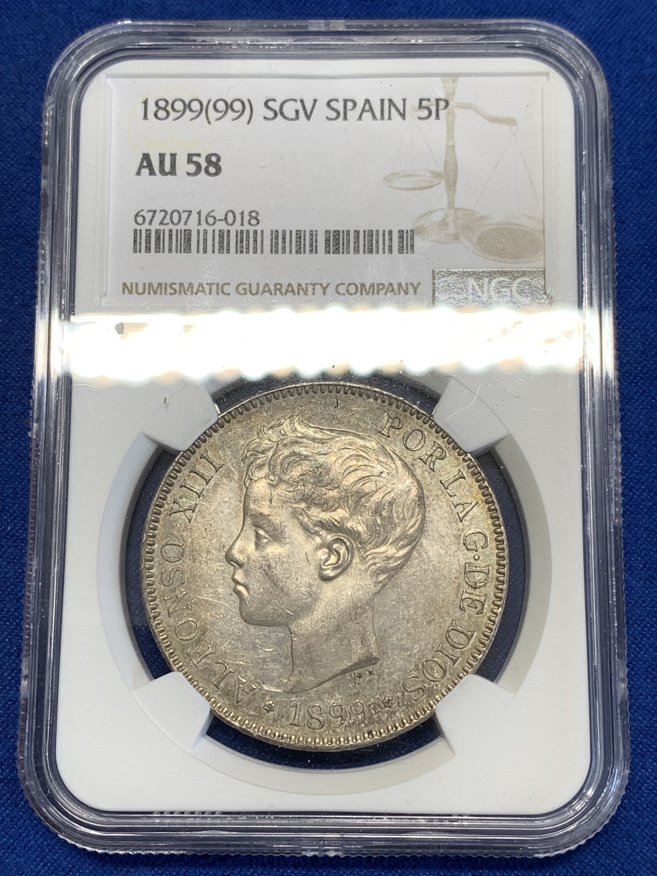 《竞宝斋》第251场-周日，周一2场连拍 (全场包邮) NGC AU58 西班牙1899年 国王阿方索十三世 小孩头 双柱 5比塞塔银币