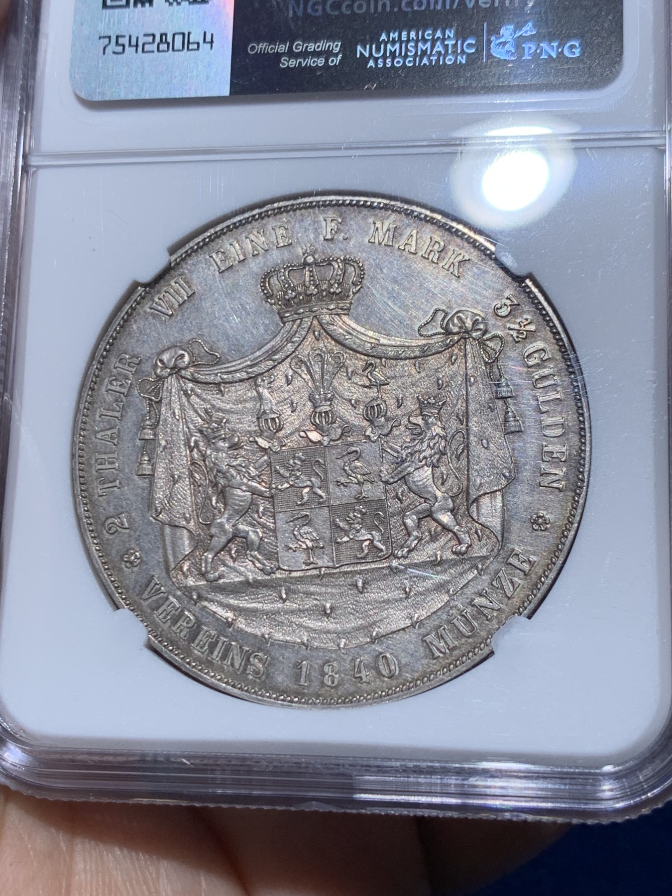 《竞宝斋》第251场-周日，周一2场连拍 (全场包邮) NGC MS62 德国 1840 罗伊斯公国 海因里希六世 2泰勒大银币 根据资料记录只发行2年，1840年只发行量2750枚 稀见品种