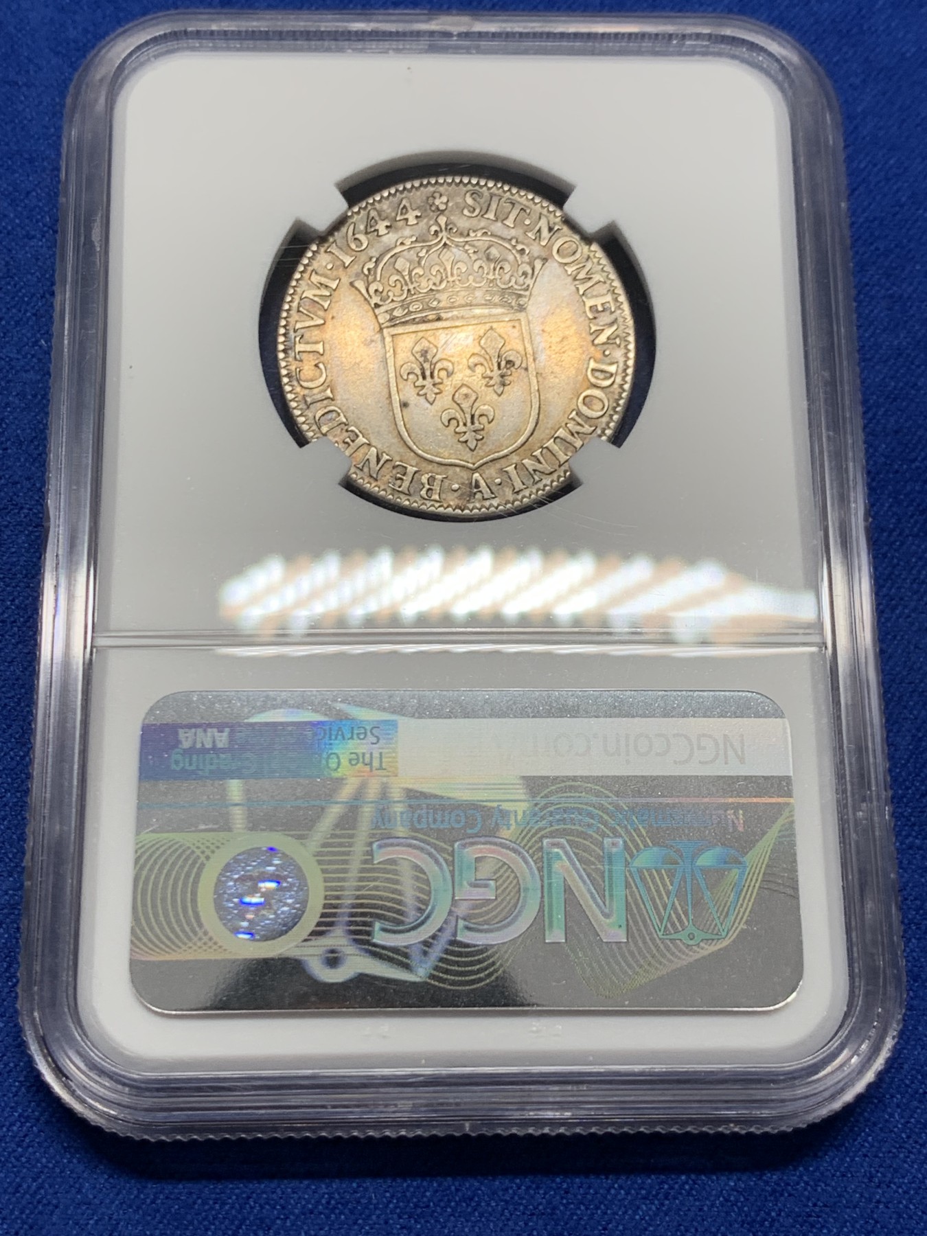 《竞宝斋》第251场-周日，周一2场连拍 (全场包邮) NGC XF45 1644年 法国路易十四少年版1/4埃居银币 深打带点彩无减重痕 埃居常见小规格带分的难见