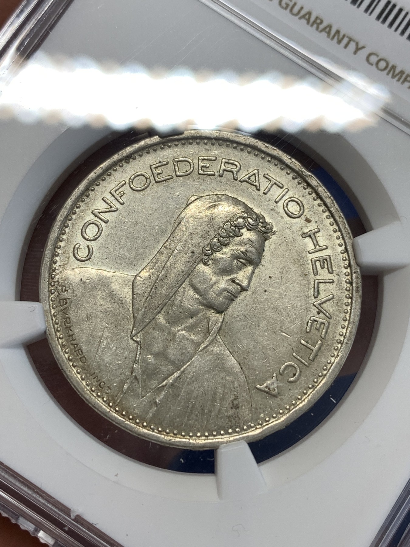 《竞宝斋》第251场-周日，周一2场连拍 (全场包邮) NGC AU58 瑞士1939年威廉泰尔5法郎银币