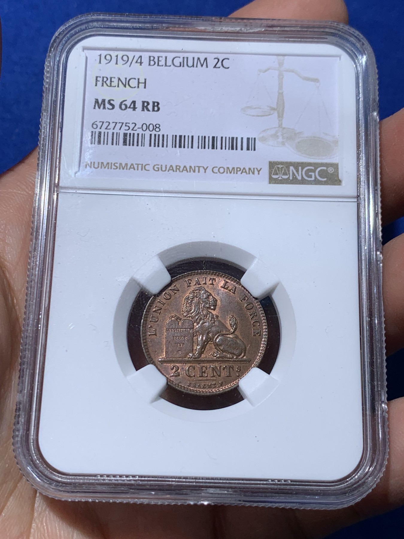 《竞宝斋》第251场-周日，周一2场连拍 (全场包邮) NGC MS64RB 比利时 亚军分 NGC MS63RB 第12名（均无RD） 比利时1919/4年（骑字）和1919年法语、佛莱芒语2分铜币一对，接近原铜光，棕色部分很少