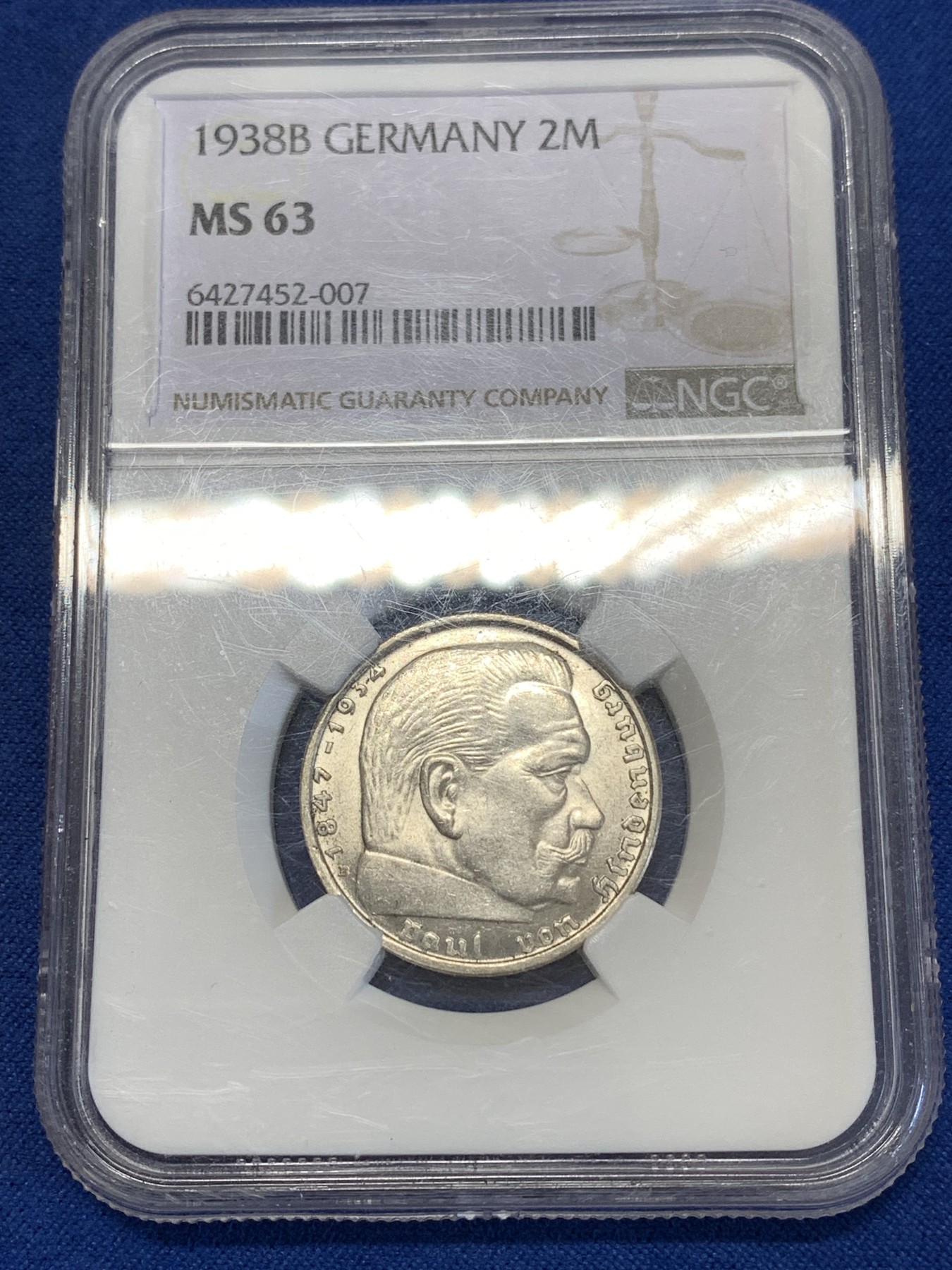 《竞宝斋》第251场-周日，周一2场连拍 (全场包邮) NGC MS63 德国1938年B厂兴登堡2马克银币