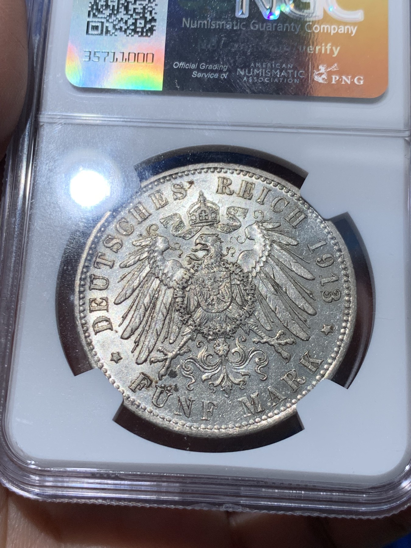 《竞宝斋》第251场-周日，周一2场连拍 (全场包邮) NGC AU55 德国1913年巴伐利亚王国奥托国王5马克银币， 略为低评，流通马克出分不易。