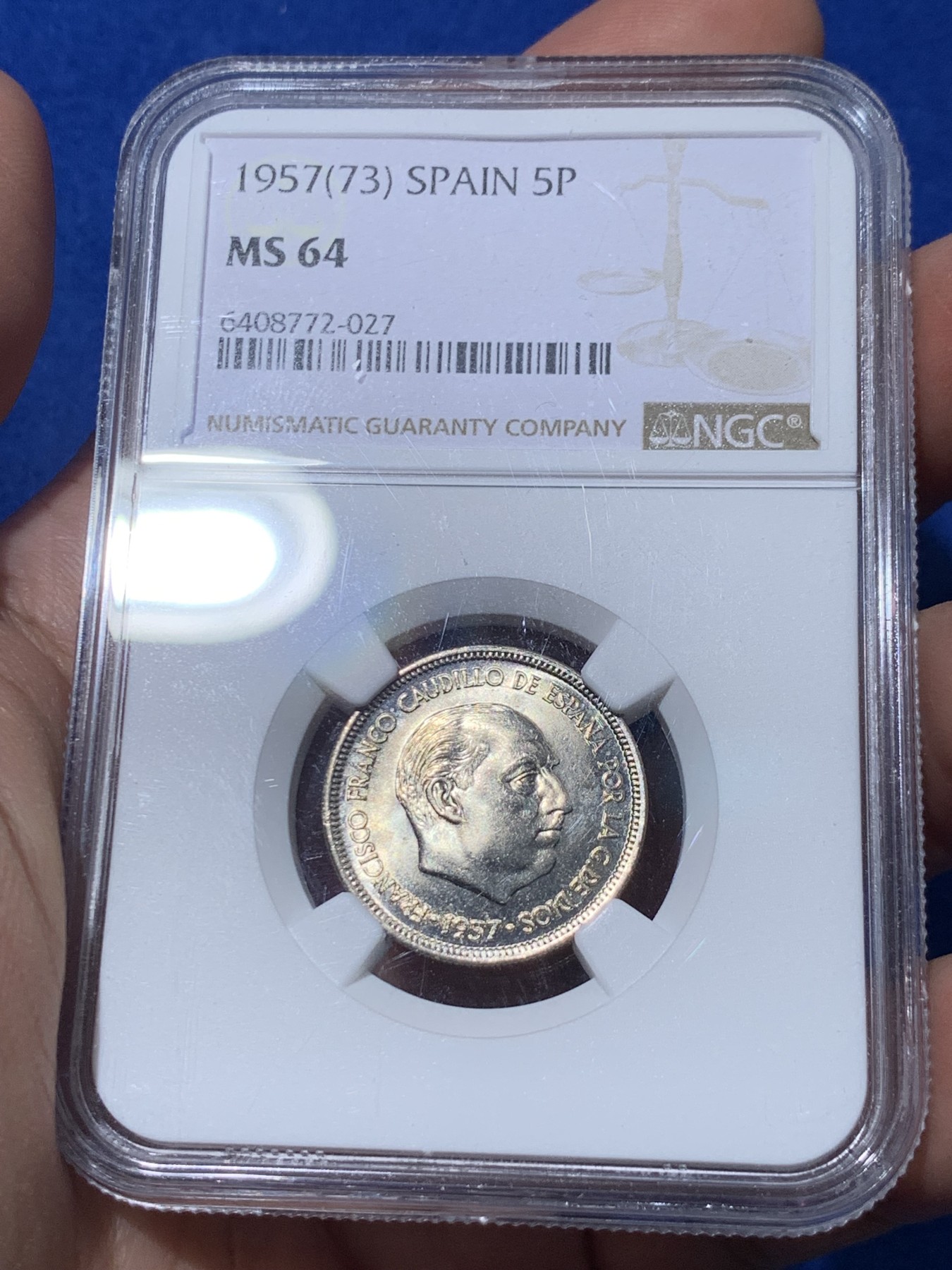 《竞宝斋》第251场-周日，周一2场连拍 (全场包邮) NGC MS64 西班牙1957年弗朗哥5比塞塔镍币，卷拆币