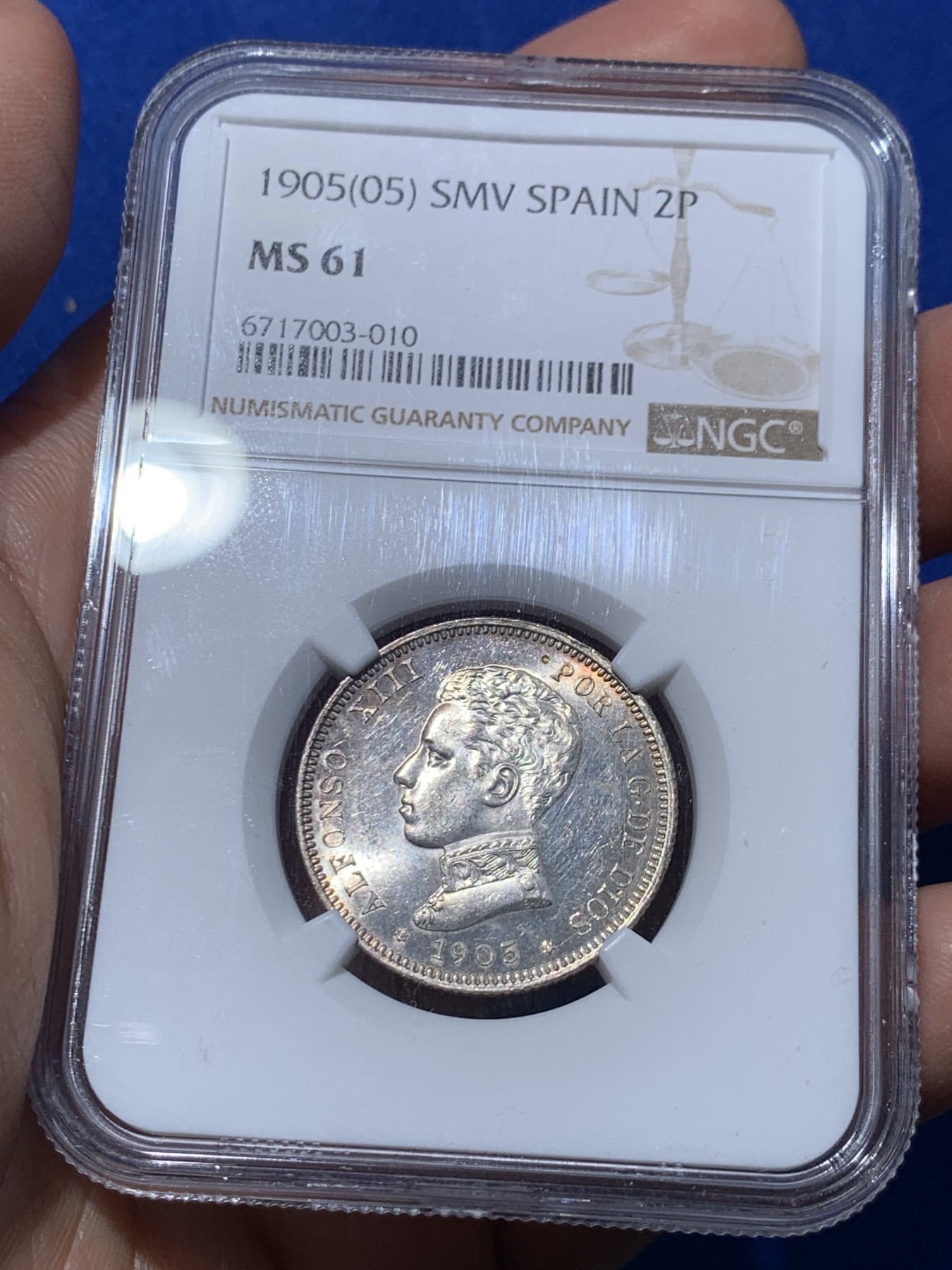 《竞宝斋》第251场-周日，周一2场连拍 (全场包邮) NGC MS61 西班牙1905阿方索十三世2比塞塔银币