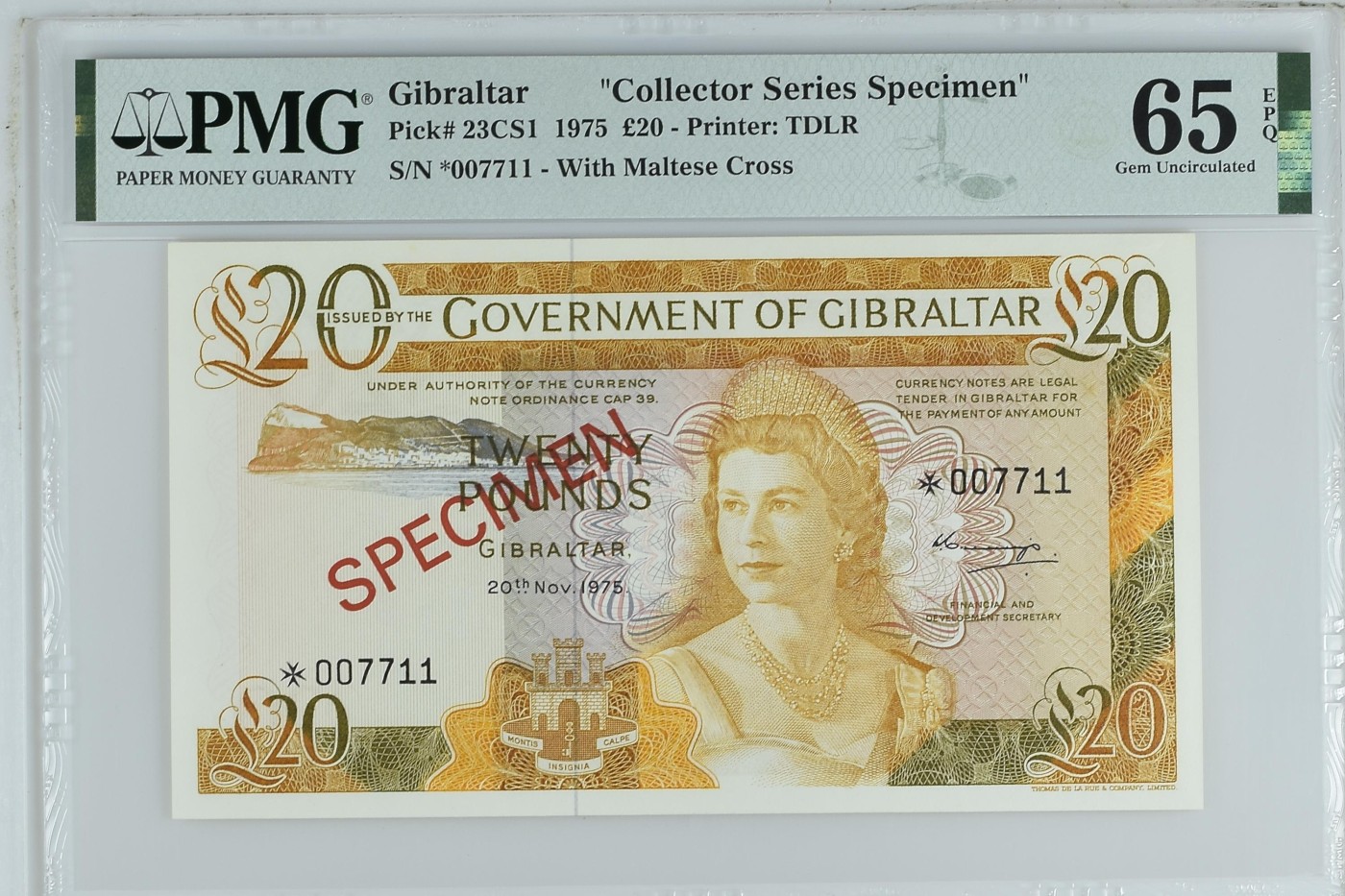 收藏联盟Quantum Auction 第333期拍卖  直布罗陀1975年20镑样票 PMG65 稀少面值 