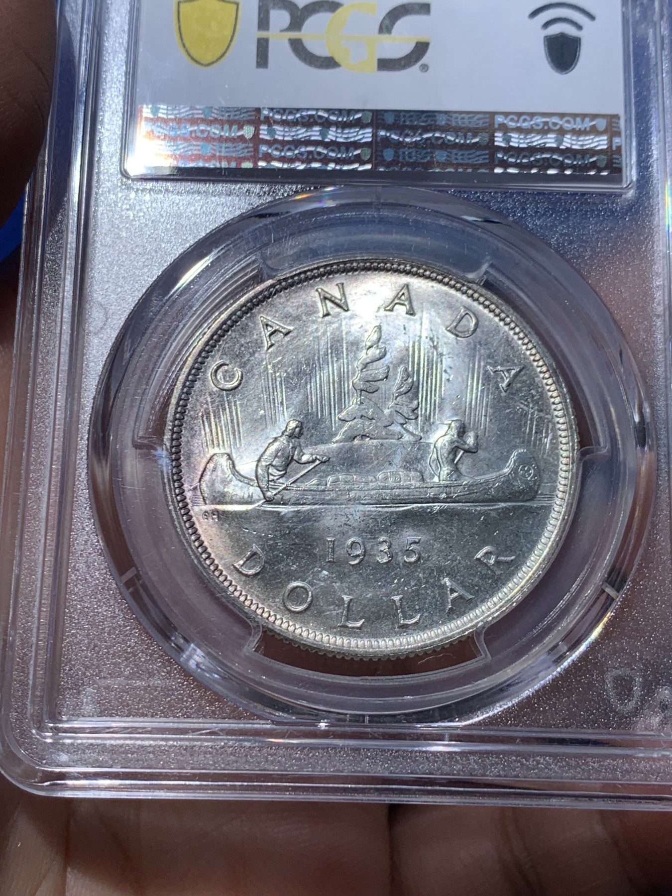 《竞宝斋》第252场-周日，周一2场连拍 (全场包邮) PCGS MS64+ 加拿大 1935年1元银币 乔五划船 经典图案 银光闪闪 顶级高分 一步到位