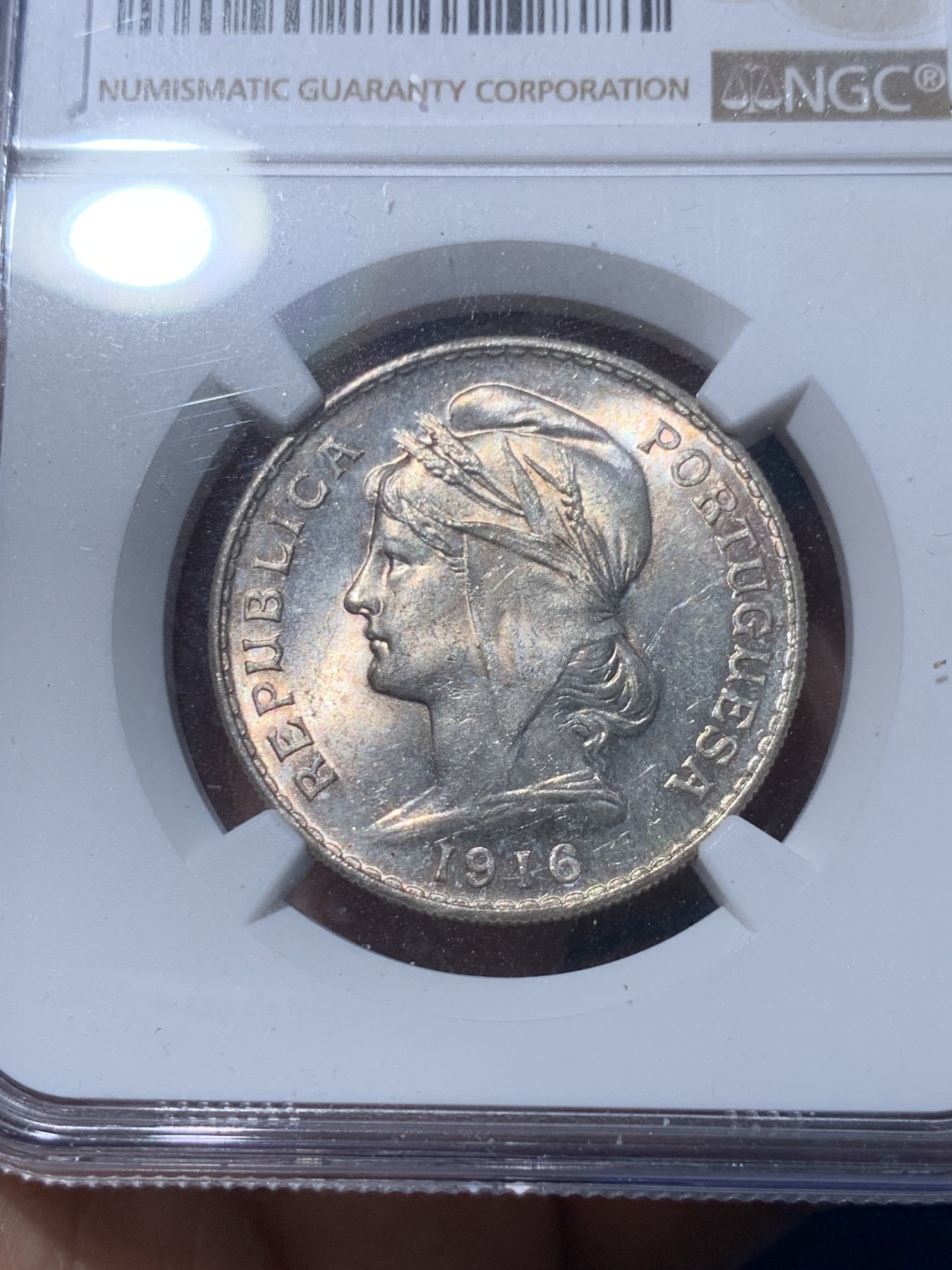 《竞宝斋》第252场-周日，周一2场连拍 (全场包邮) NGC MS62 葡萄牙1916年 自由女神半圆 50分银币