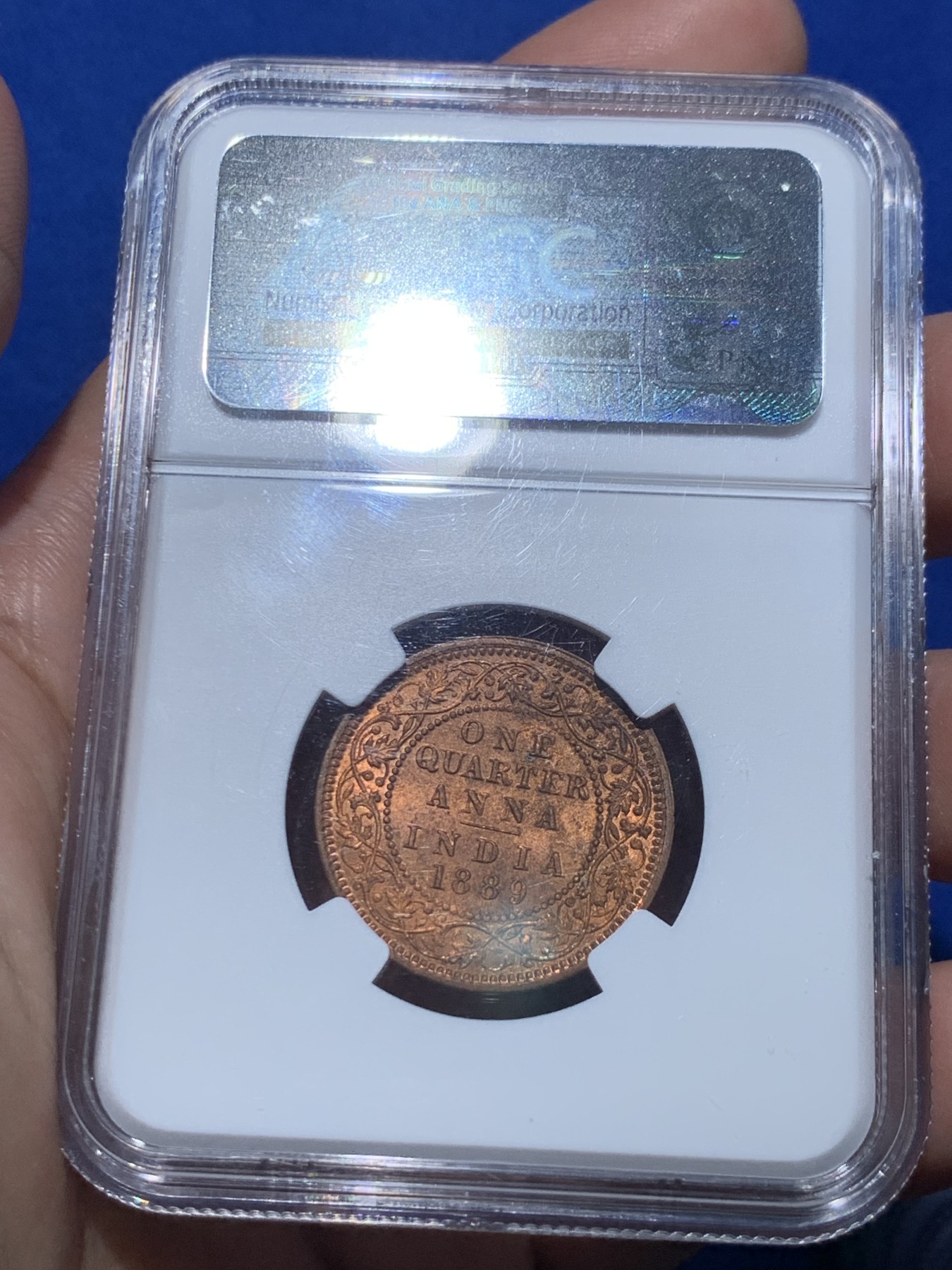 《竞宝斋》第252场-周日，周一2场连拍 (全场包邮) NGC MS63RB 1889英属印度维多利亚1/4安娜铜币 品相好
