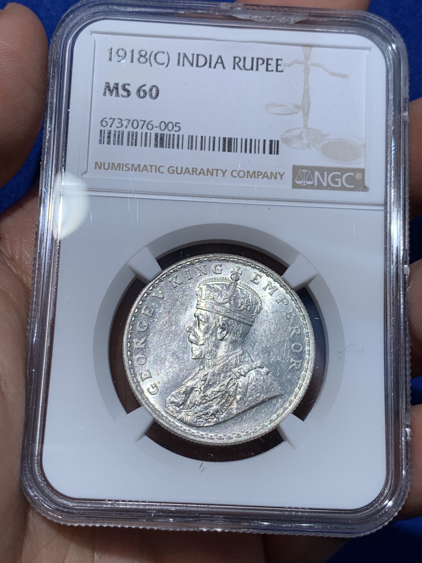 《竞宝斋》第252场-周日，周一2场连拍 (全场包邮) NGC MS60 英属印度 1918年 C版 乔五 1卢比银币