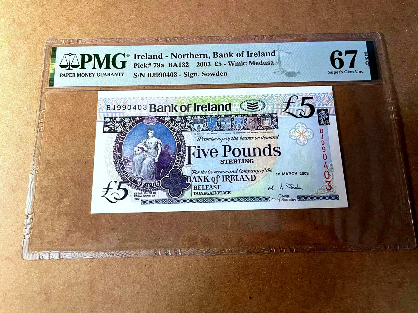【Blue Auction】✨世界纸币精拍第450期——英伦三岛专场 【p79a】北爱尔兰 2003年5镑 PMG67EPQ高分