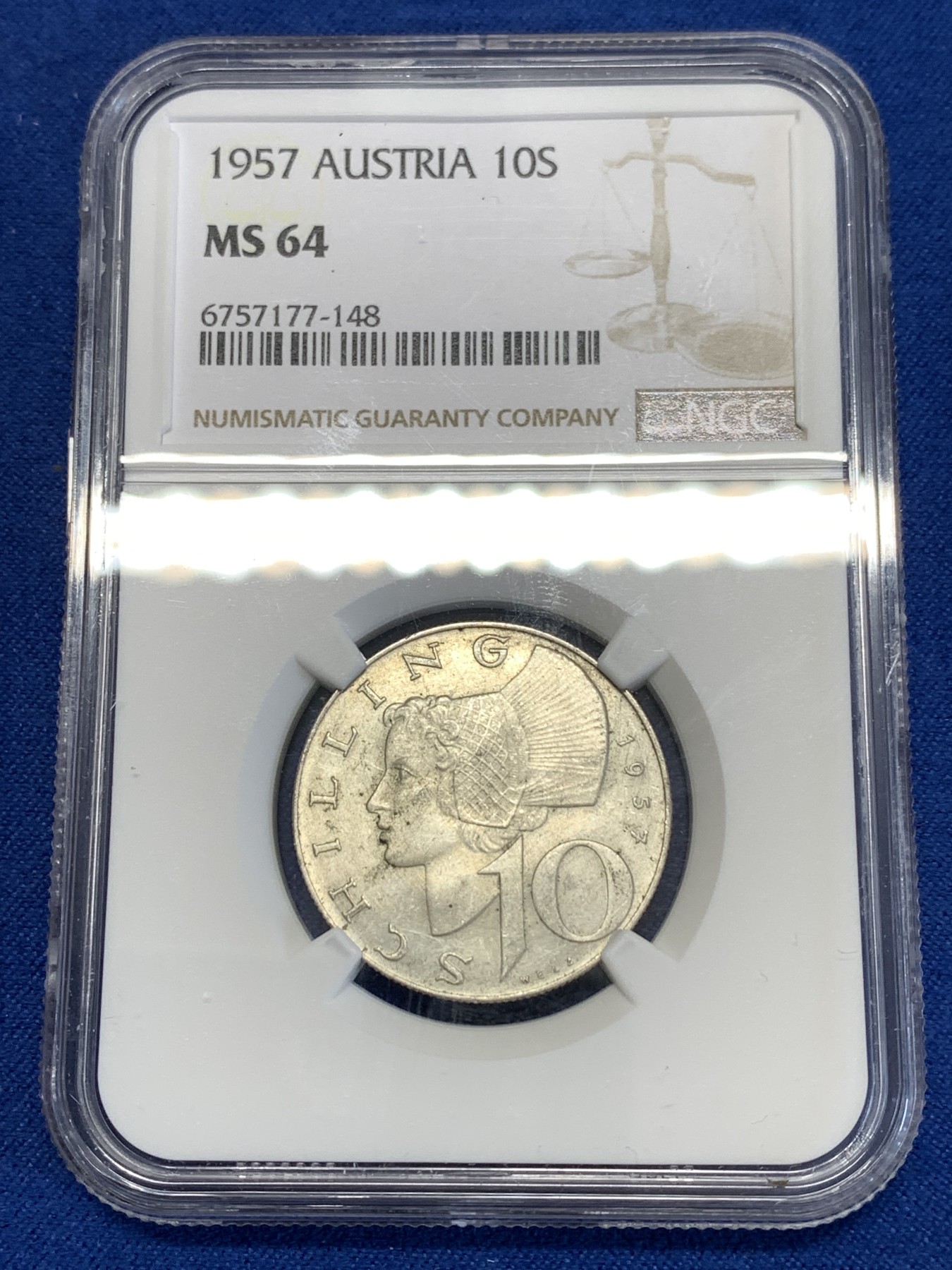 《竞宝斋》第252场-周日，周一2场连拍 (全场包邮) NGC MS64 奥地利1957年10先令银币