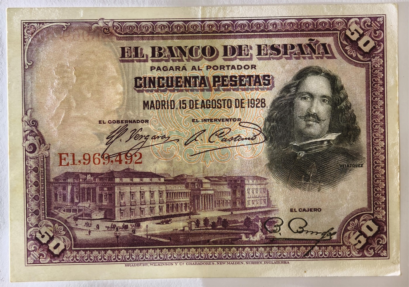 紫瑗钱币——第333期拍卖——纸币场 西班牙 1928年 油画《布雷达的献城》50比塞塔 AU