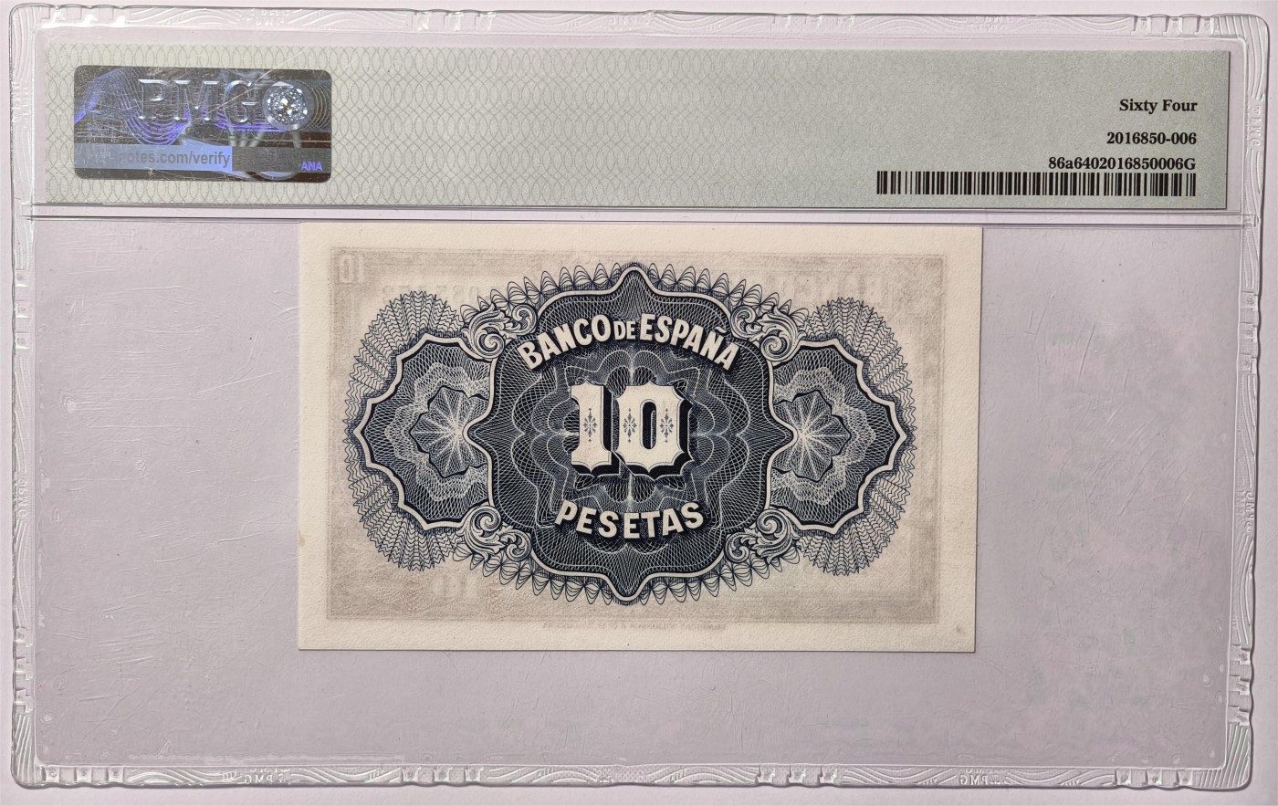 紫瑗钱币——第375期拍卖——纸币场 【PMG 64 】西班牙 1935(1936) 年 西班牙银行 女神 10比塞塔 (86a) BWC出品 (P-86a)