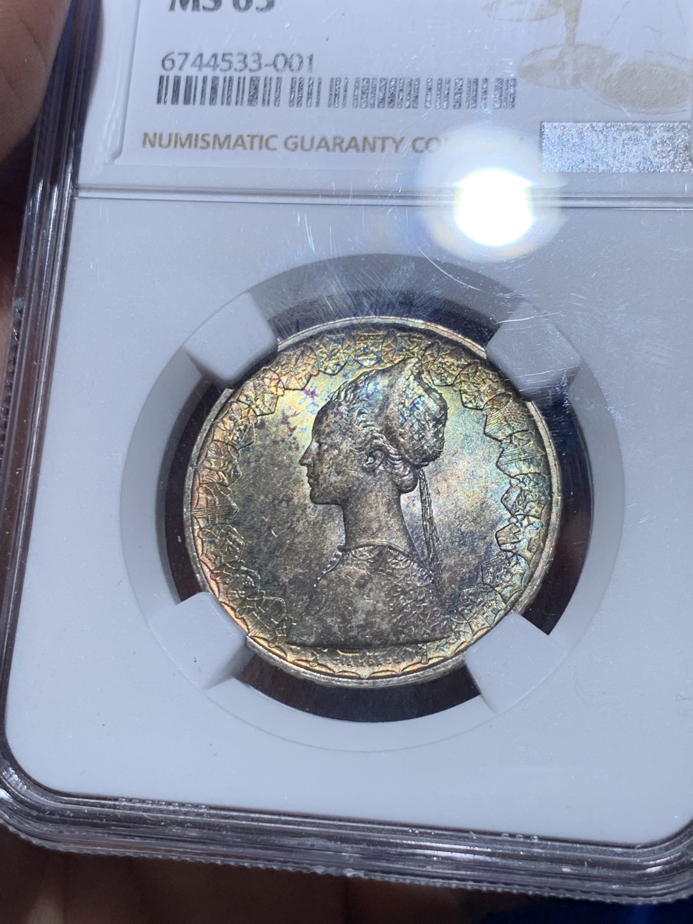 《竞宝斋》第252场-周日，周一2场连拍 (全场包邮) NGC MS63 意大利1959年500里拉银币，早期少见年份，双面带彩，人妻面重绿彩包浆，到手效果惊人，重彩包浆实属难得
