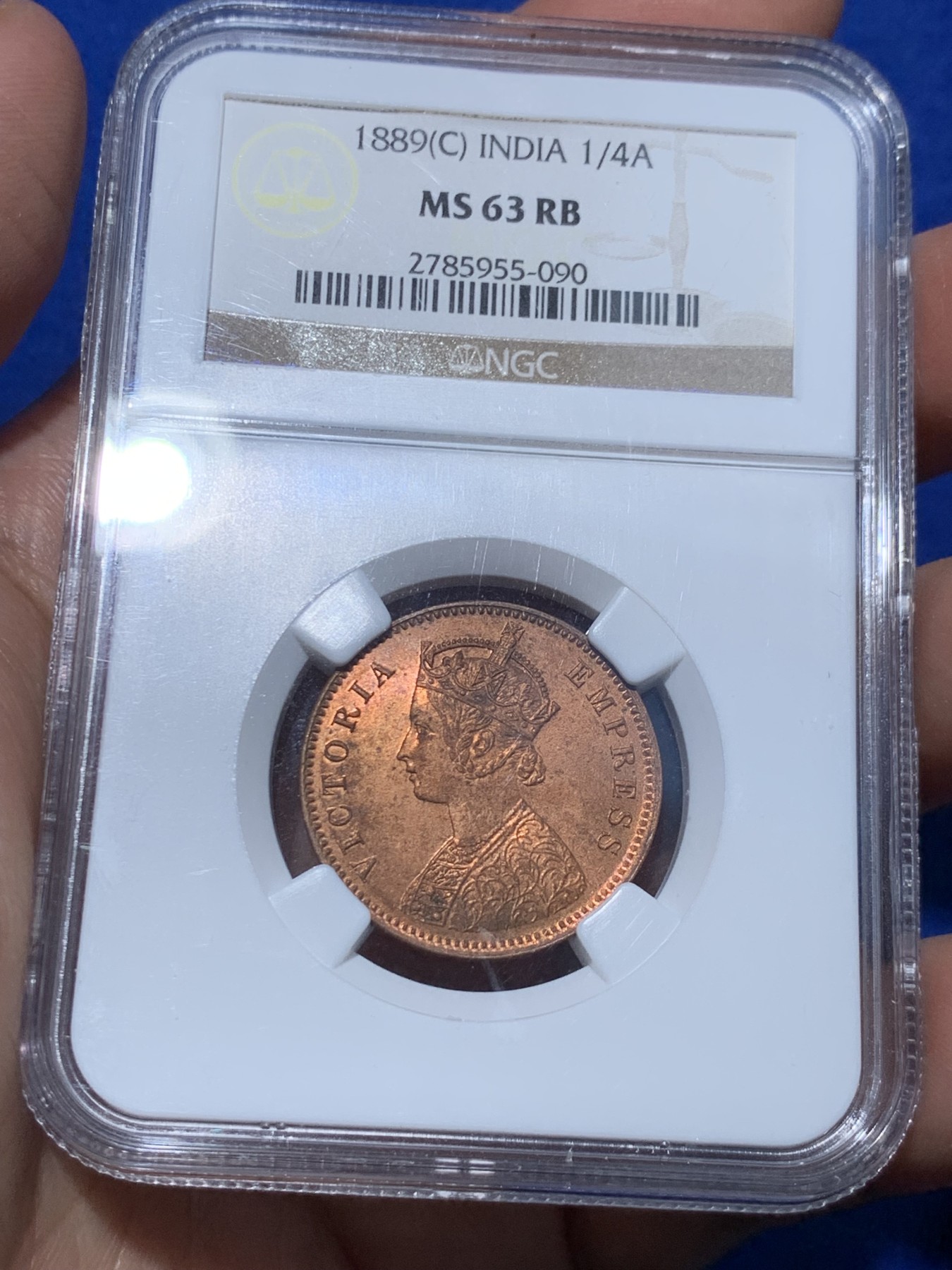 《竞宝斋》第252场-周日，周一2场连拍 (全场包邮) NGC MS63RB 1889英属印度维多利亚1/4安娜铜币 品相好