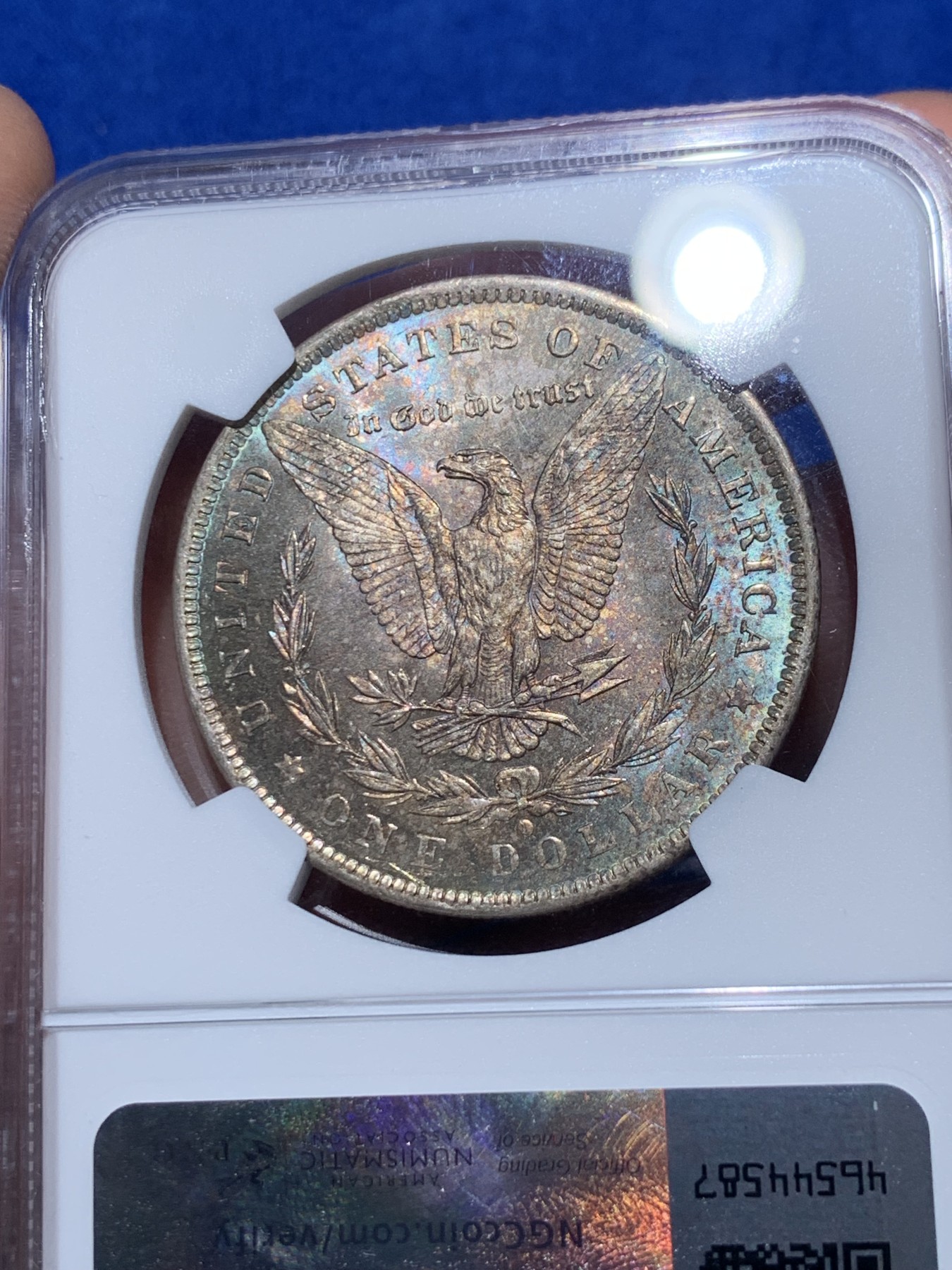 《竞宝斋》第252场-周日，周一2场连拍 (全场包邮) NGC MS63 美国1884年摩根银币O版，双面五彩。