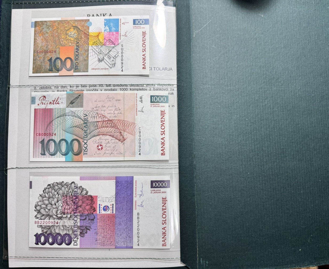 收藏联盟Quantum Auction 第333期拍卖  斯洛文尼亚2001年100到10000托拉尔银行成立10周年纪念钞 品相全新UNC