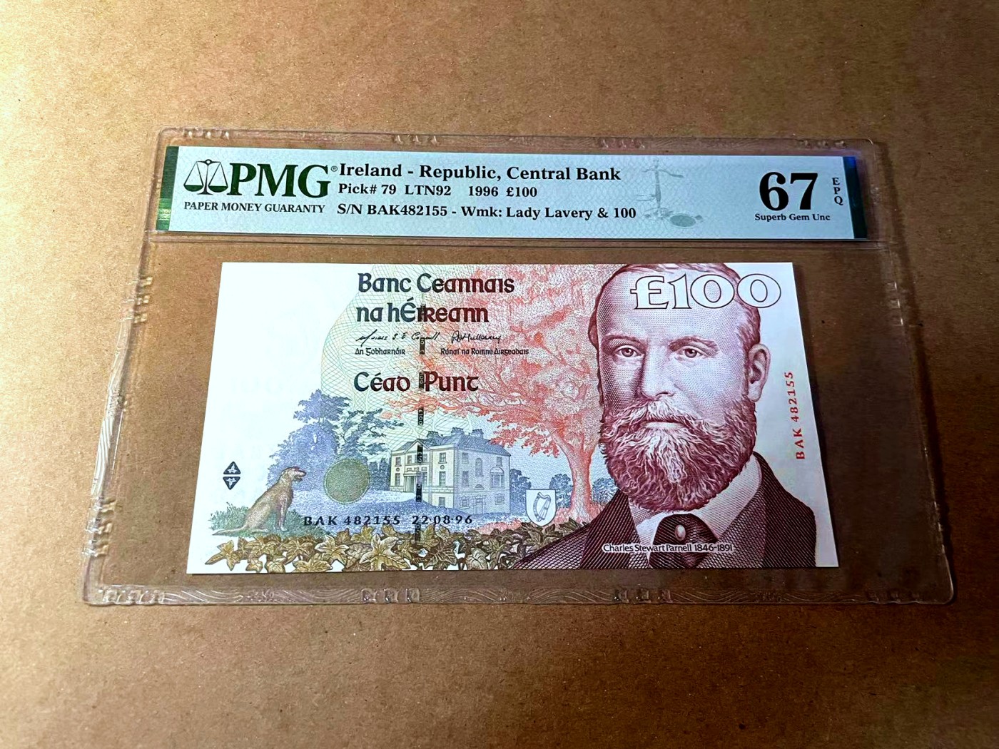 【Blue Auction】✨世界纸币精拍第450期——英伦三岛专场 【p79】爱尔兰 1996年100镑 末版最高值 PMG67EPQ  高分 设计精美  