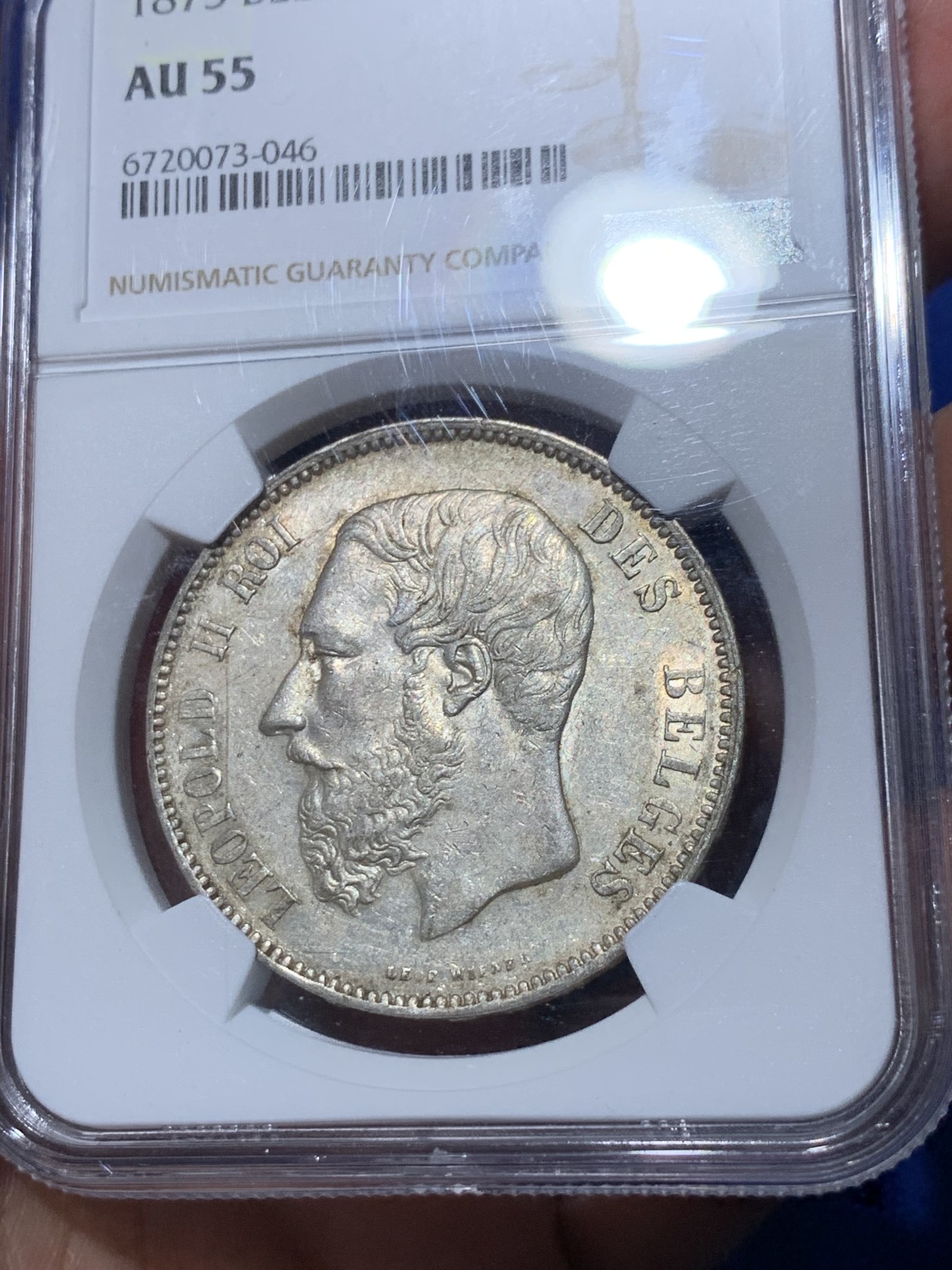 《竞宝斋》第252场-周日，周一2场连拍 (全场包邮) NGC AU55 比利时1875年利奥波德5法郎银币