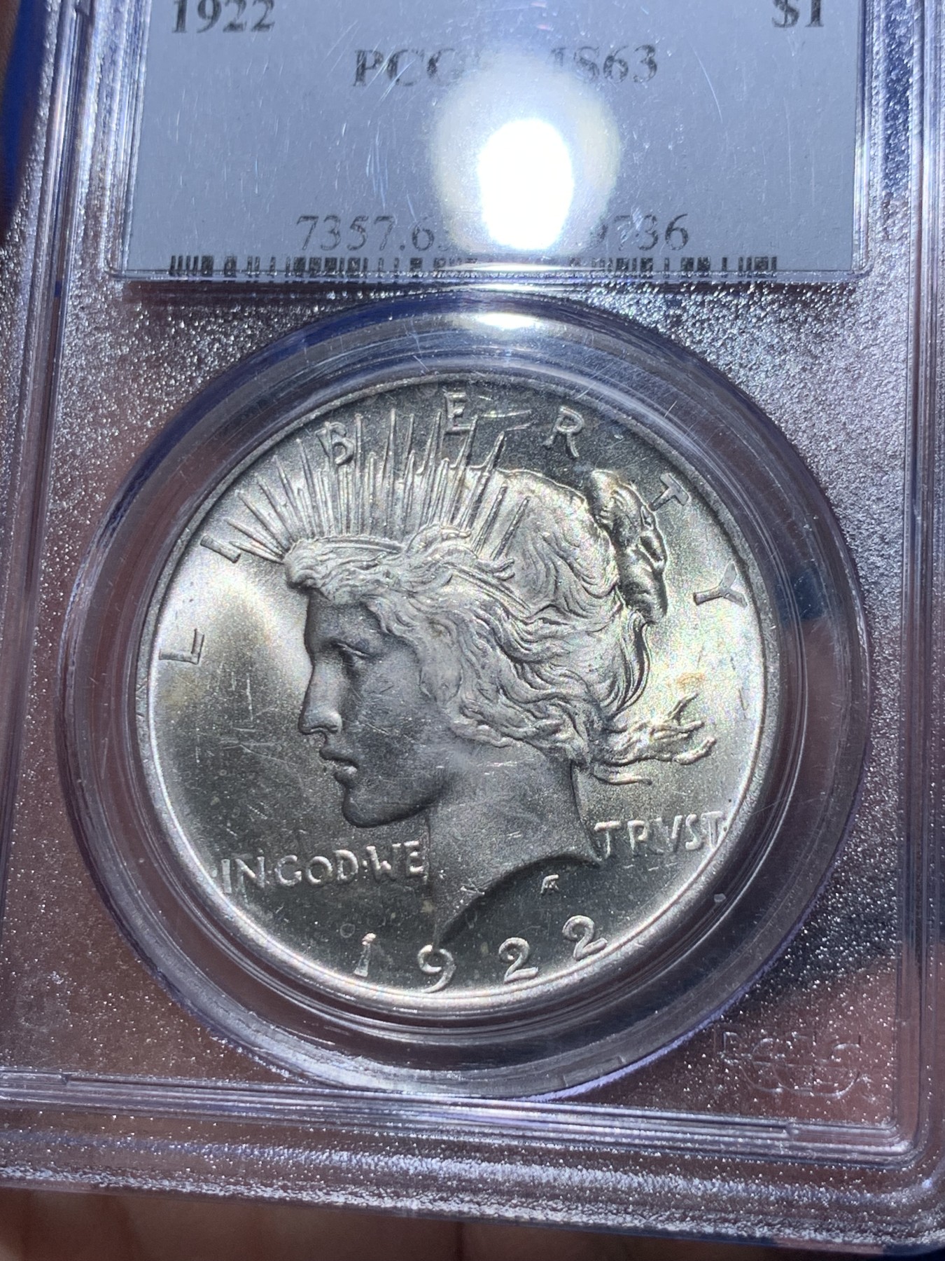《竞宝斋》第252场-周日，周一2场连拍 (全场包邮) PCGS MS63 美国1922和平银币 PCGS老白盒 低评了 光泽很好 几乎没有大磕碰