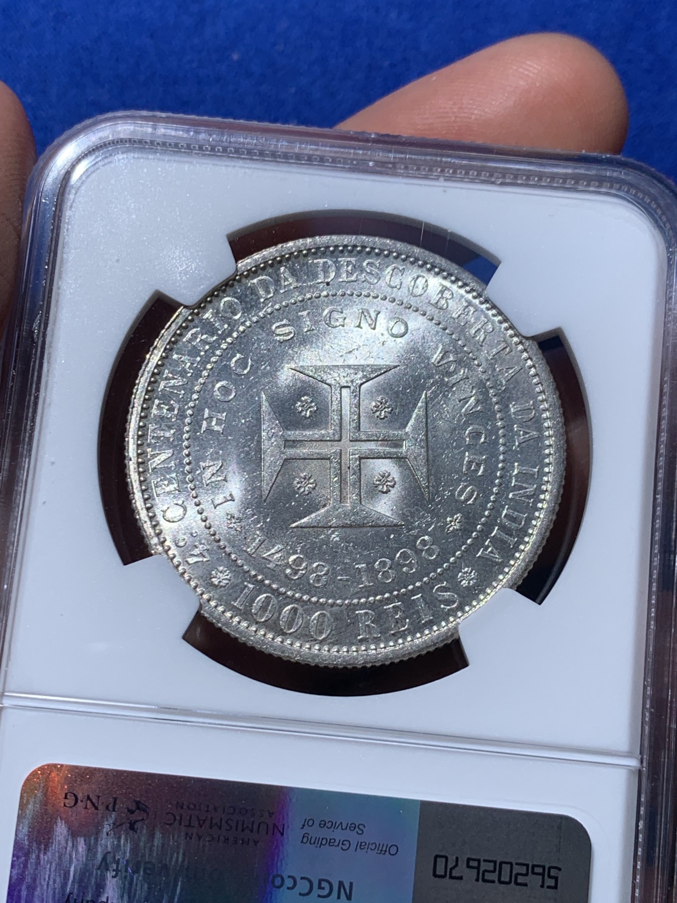 《竞宝斋》第252场-周日，周一2场连拍 (全场包邮) NGC MS60 葡萄牙1898年发现印度戎装版1000瑞斯大银币