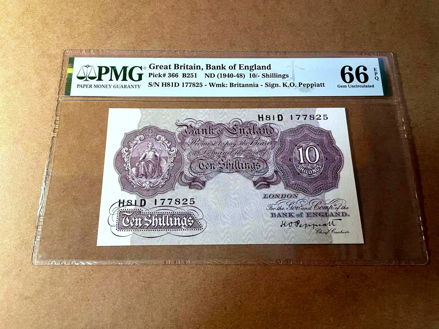 【Blue Auction】✨世界纸币精拍第450期——英伦三岛专场 【p366】英格兰1940-48年10先令 PMG66EPQ  紫色版