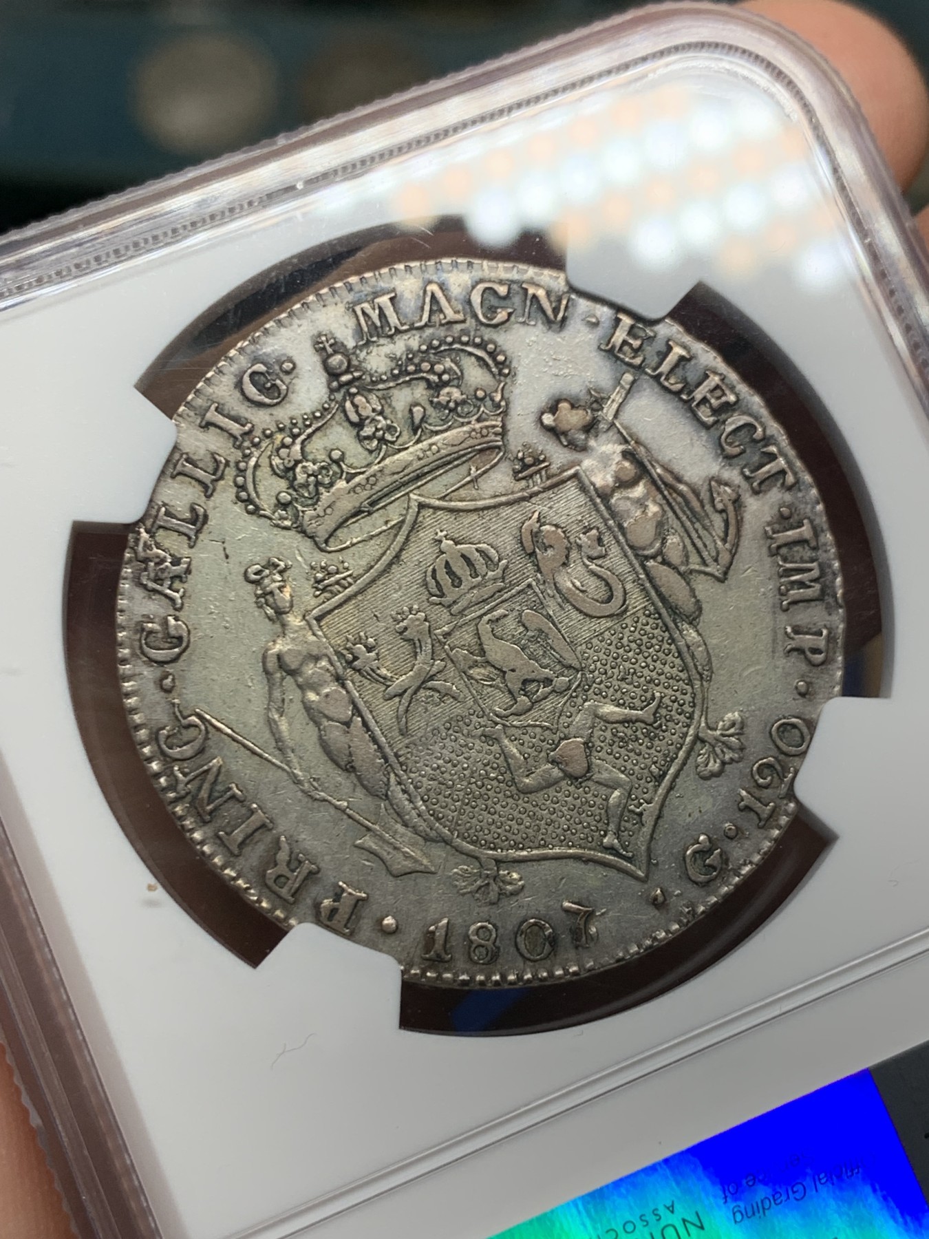 《竞宝斋》第252场-周日，周一2场连拍 (全场包邮) NGC AU50 意大利 那不勒斯王国 1807 约瑟夫·拿破仑 120G 大银币 特年 明显1807/6骑字版 N没有标注 稀缺品种  更高分只有2枚  评级的只有拍过一枚 15年前62分4万多成交