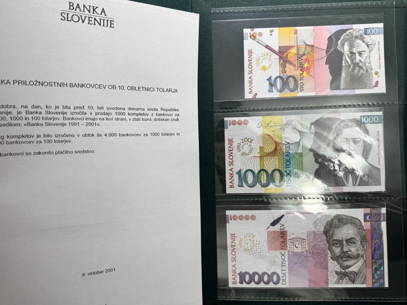 收藏联盟Quantum Auction 第333期拍卖  斯洛文尼亚2001年100到10000托拉尔银行成立10周年纪念钞 品相全新UNC