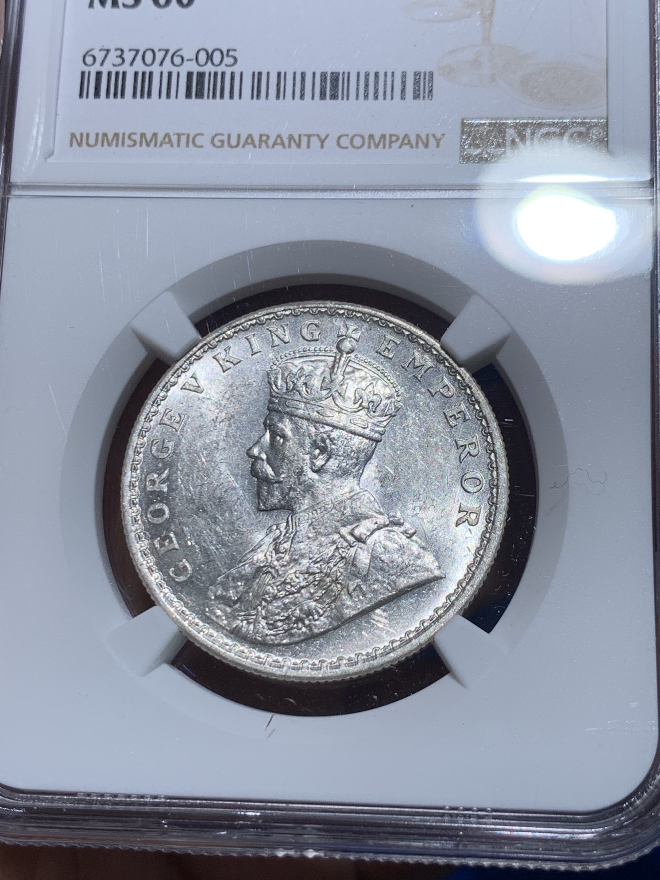 《竞宝斋》第252场-周日，周一2场连拍 (全场包邮) NGC MS60 英属印度 1918年 C版 乔五 1卢比银币