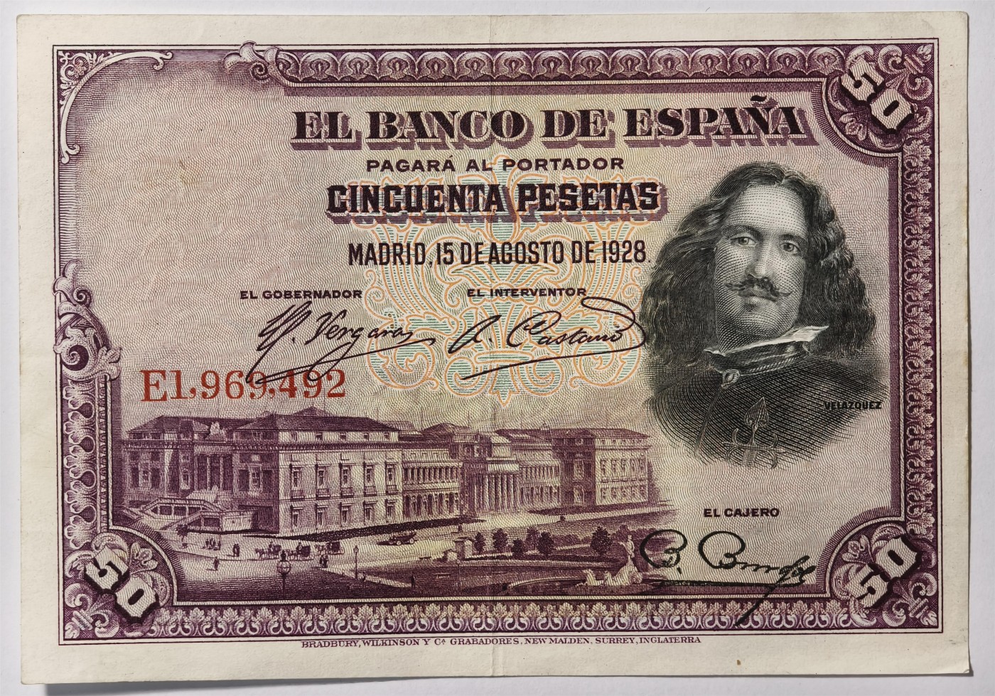 紫瑗钱币——第333期拍卖——纸币场 西班牙 1928年 油画《布雷达的献城》50比塞塔 AU
