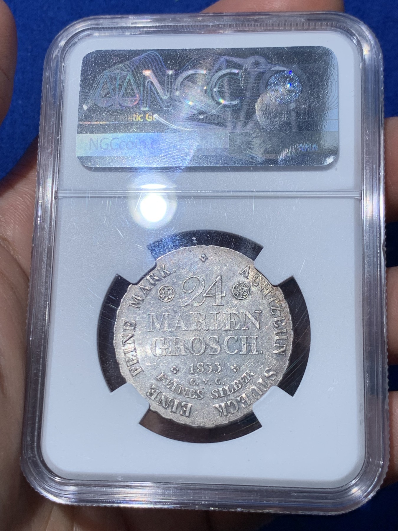 《竞宝斋》第252场-周日，周一2场连拍 (全场包邮) NGC MS61 德国不伦瑞克公国 1833年经典野人版24玛丽格罗申银币（高银993.05） 发行量：27000枚，正反面全深打，带十字光，状态相当舒服，感觉严评了