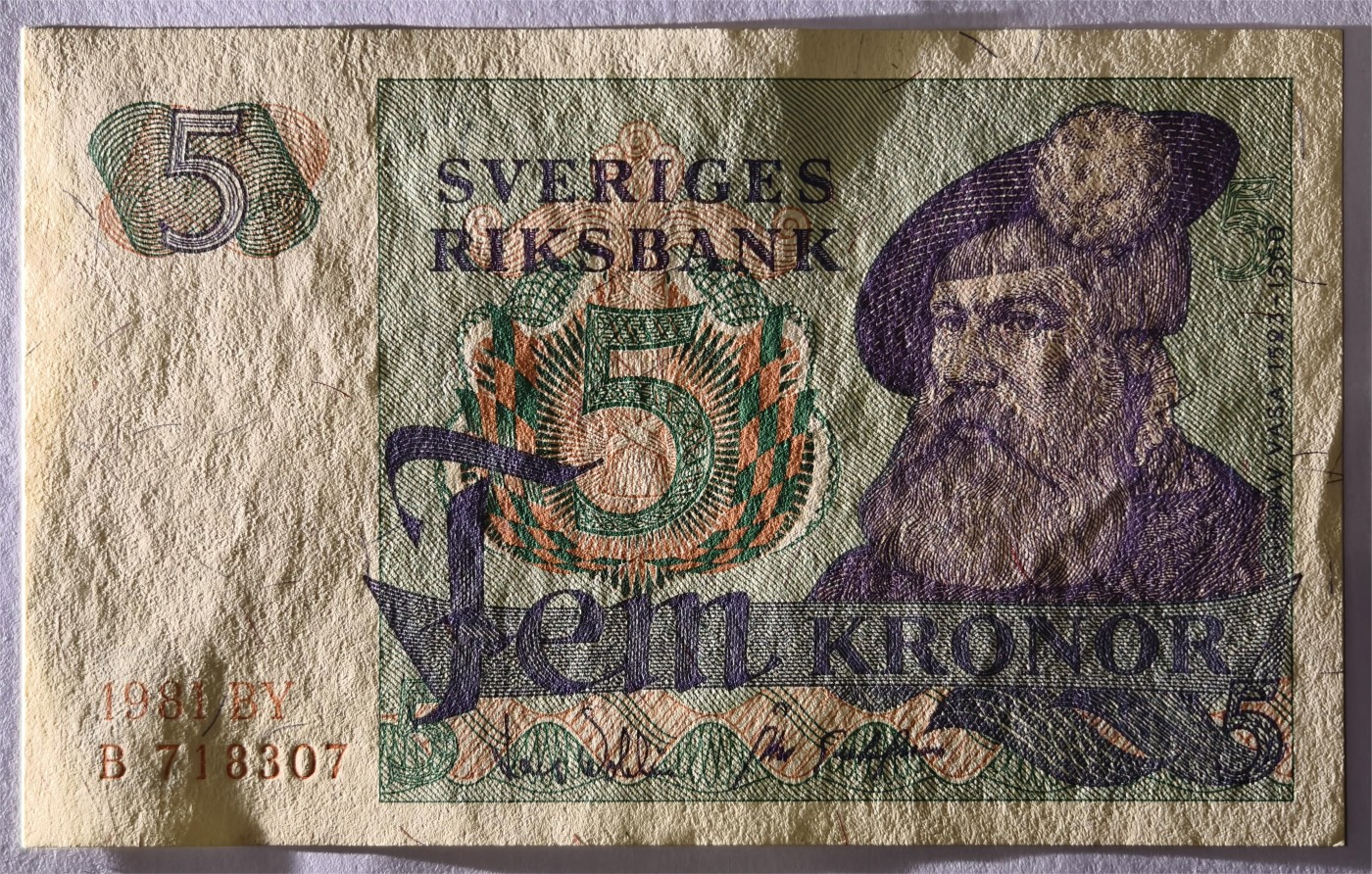 紫瑗钱币——第333期拍卖——纸币场 瑞典 1981年 瑞典银行 古斯塔夫一世 5克朗 浅字 UNC