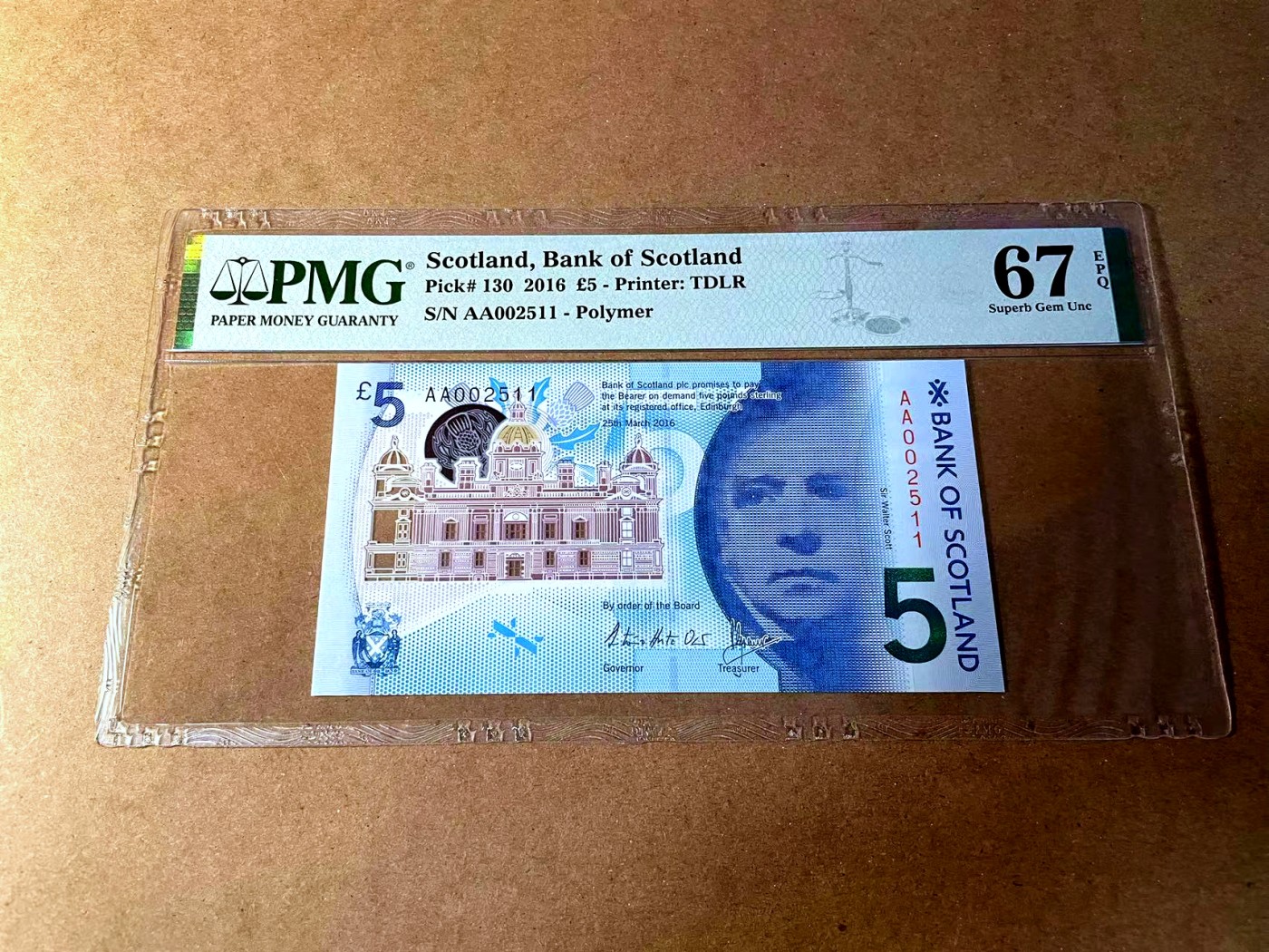 【Blue Auction】✨世界纸币精拍第450期——英伦三岛专场 【AA冠2511小号 p130】苏格兰 2016年5镑 PMG67EPQ  高分 
