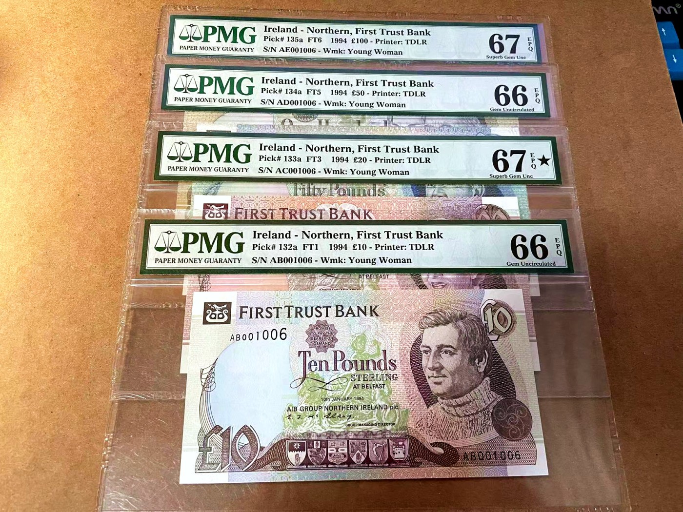 【Blue Auction】✨世界纸币精拍第450期——英伦三岛专场 【一组4张 p132a-135a 1006全同倒置小号】北爱尔兰 1994年10-100镑 PMG67EPQ星星-66EPQ 