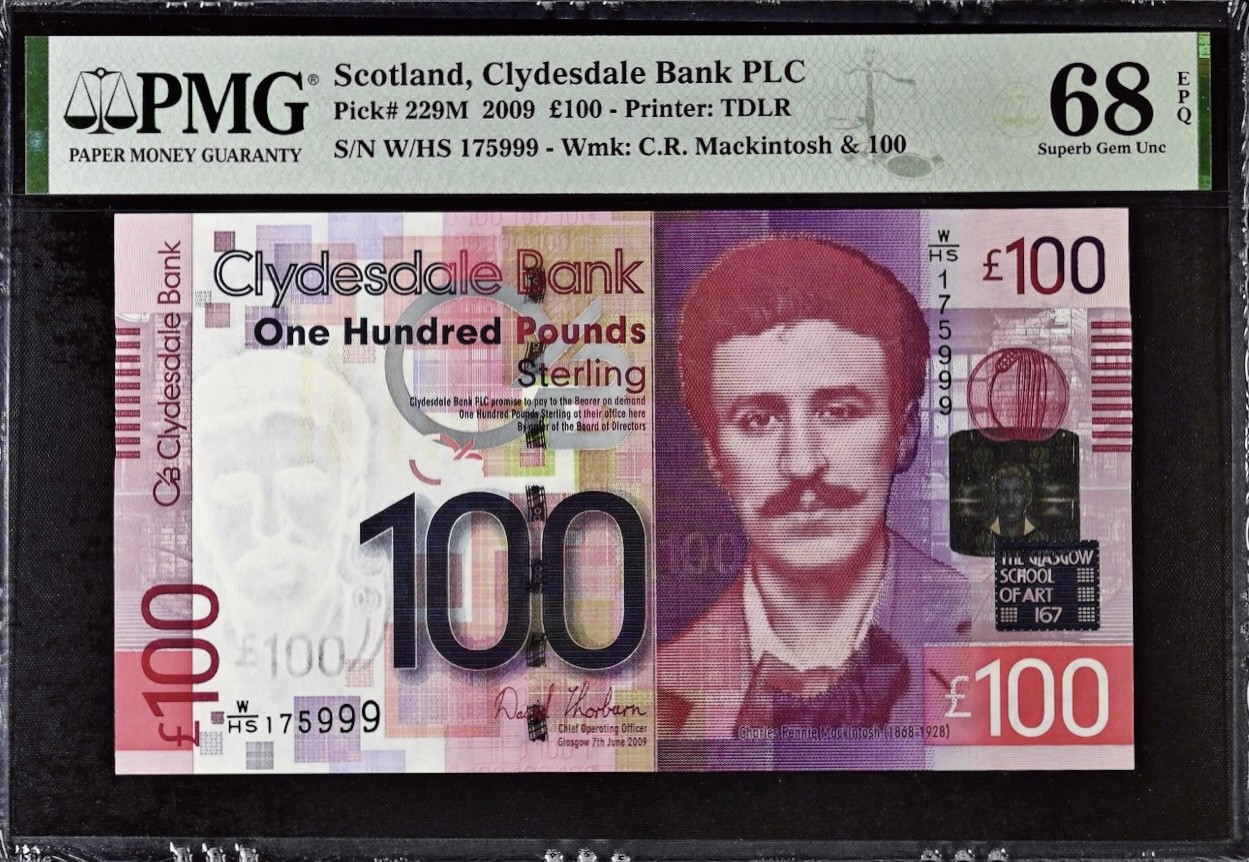 【Blue Auction】✨世界纸币精拍第450期——英伦三岛专场 【W/HS首发冠 p229M 冠军分 999豹子号】苏格兰 2009年100镑 PMG68EPQ 超高分 设计精美大气