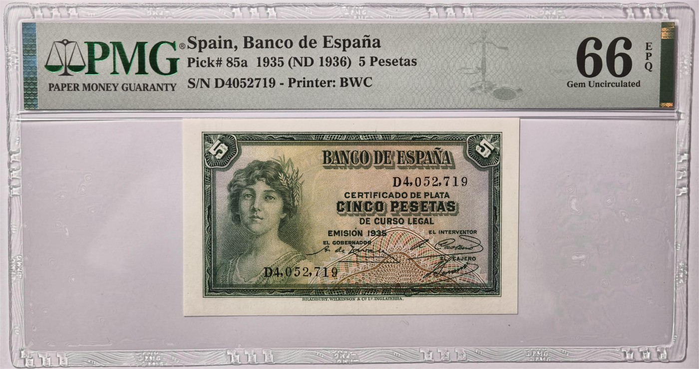 紫瑗钱币——第347期拍卖——纸币场 【PMG 66EPQ】西班牙 1935(1936)年 第二共和国 妇女 5比塞塔 (P-85a)