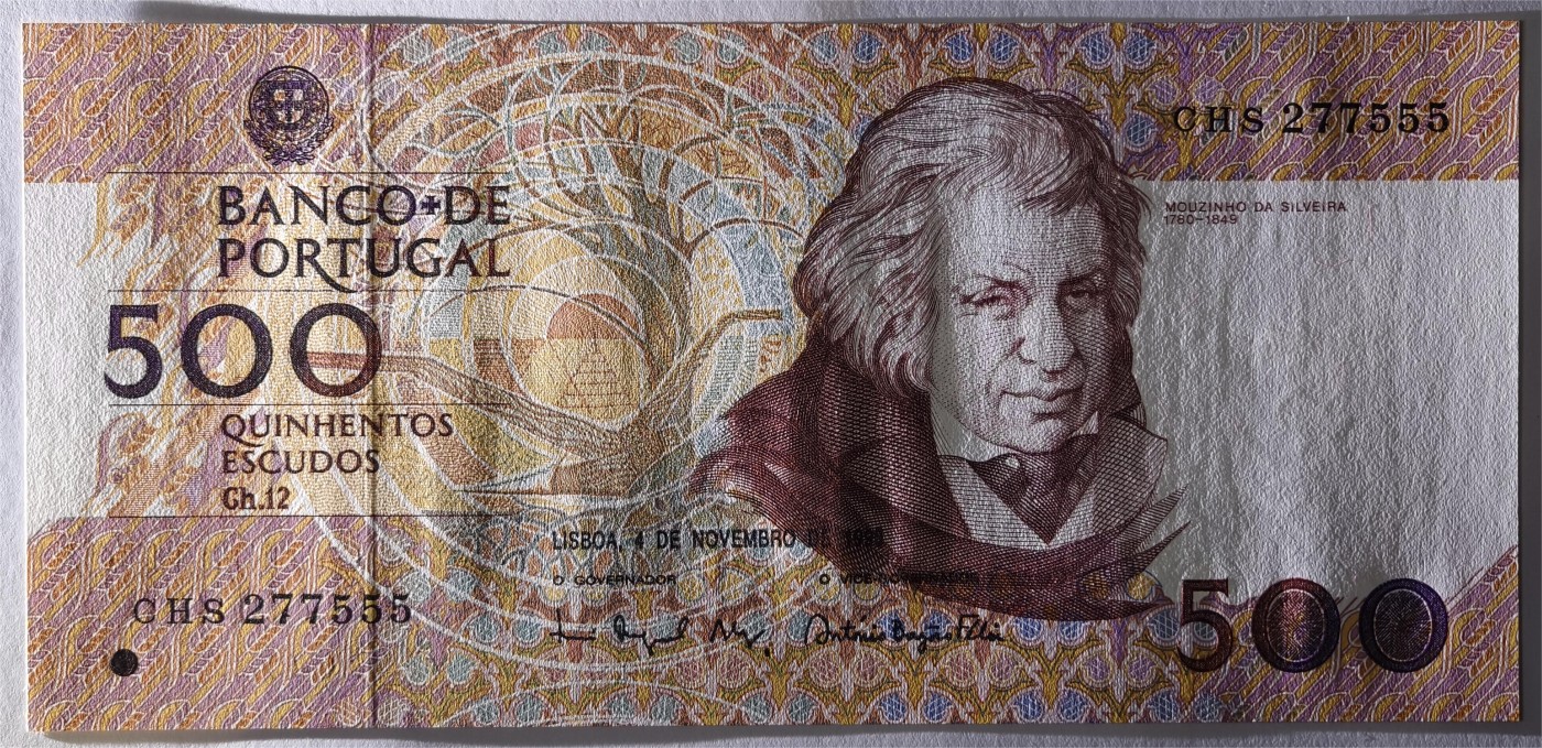 紫瑗钱币——第361期拍卖——纸币场 【豹子号5】葡萄牙 1993年 10月4日 莫西尼奥 500埃斯库多 UNC