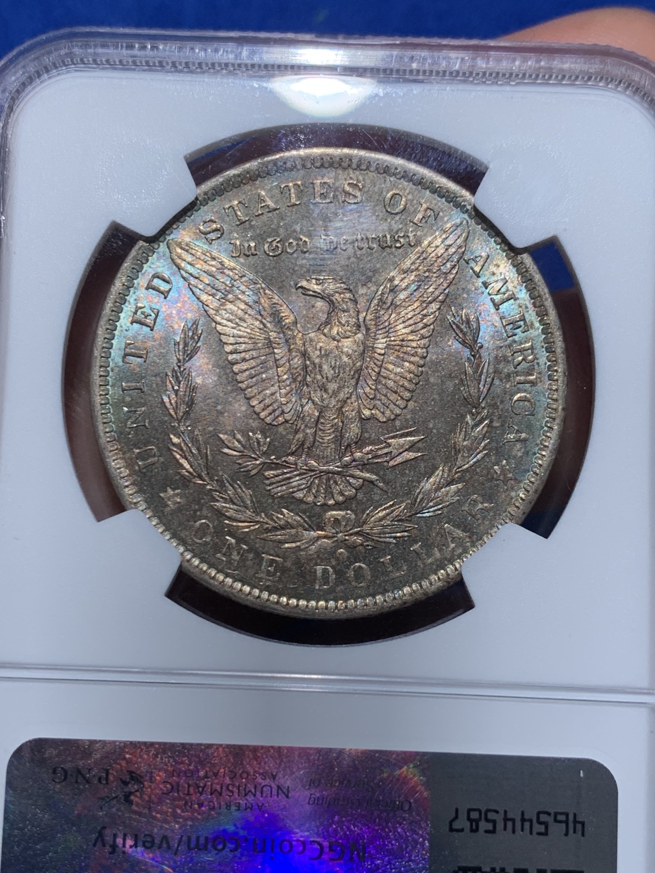 《竞宝斋》第252场-周日，周一2场连拍 (全场包邮) NGC MS63 美国1884年摩根银币O版，双面五彩。